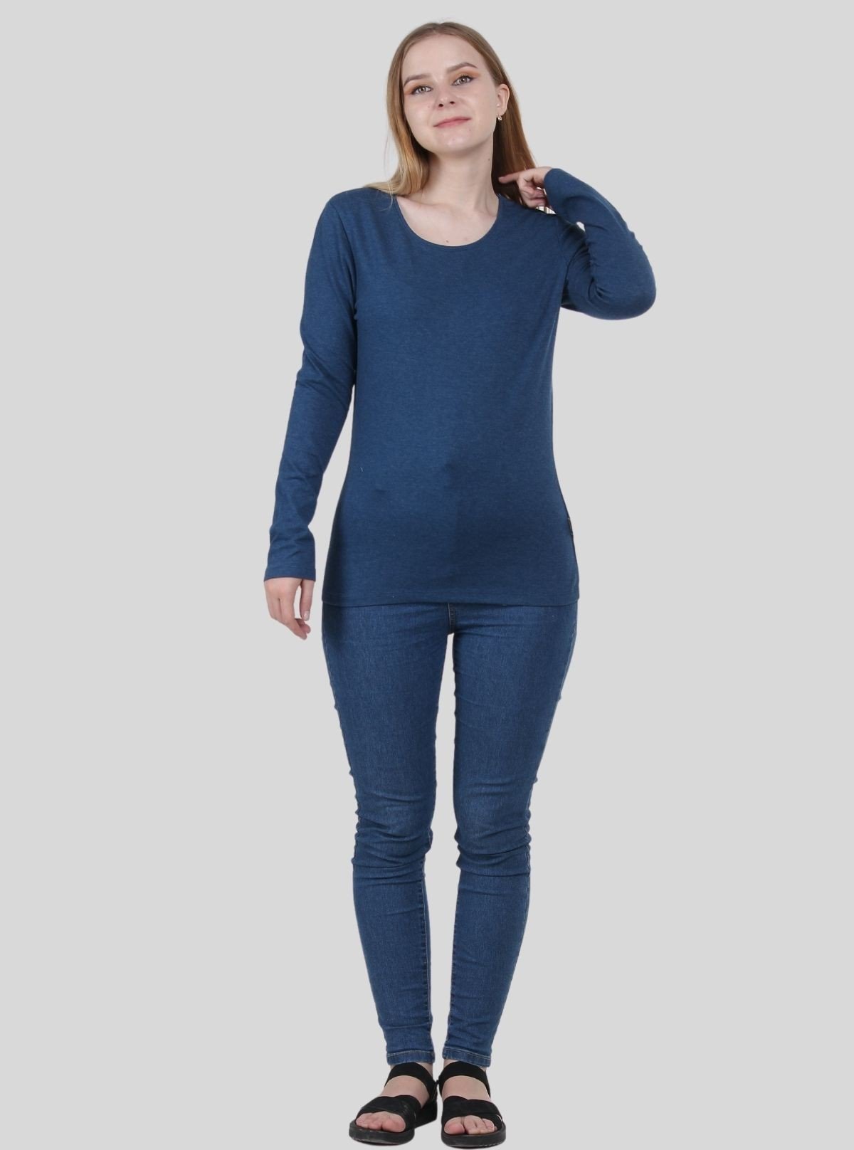 Women's Prussian Blue Crew Neck Cotton Jersey Long Sleeve T-Shirt by Boer and Fitch - Boer and Fitch