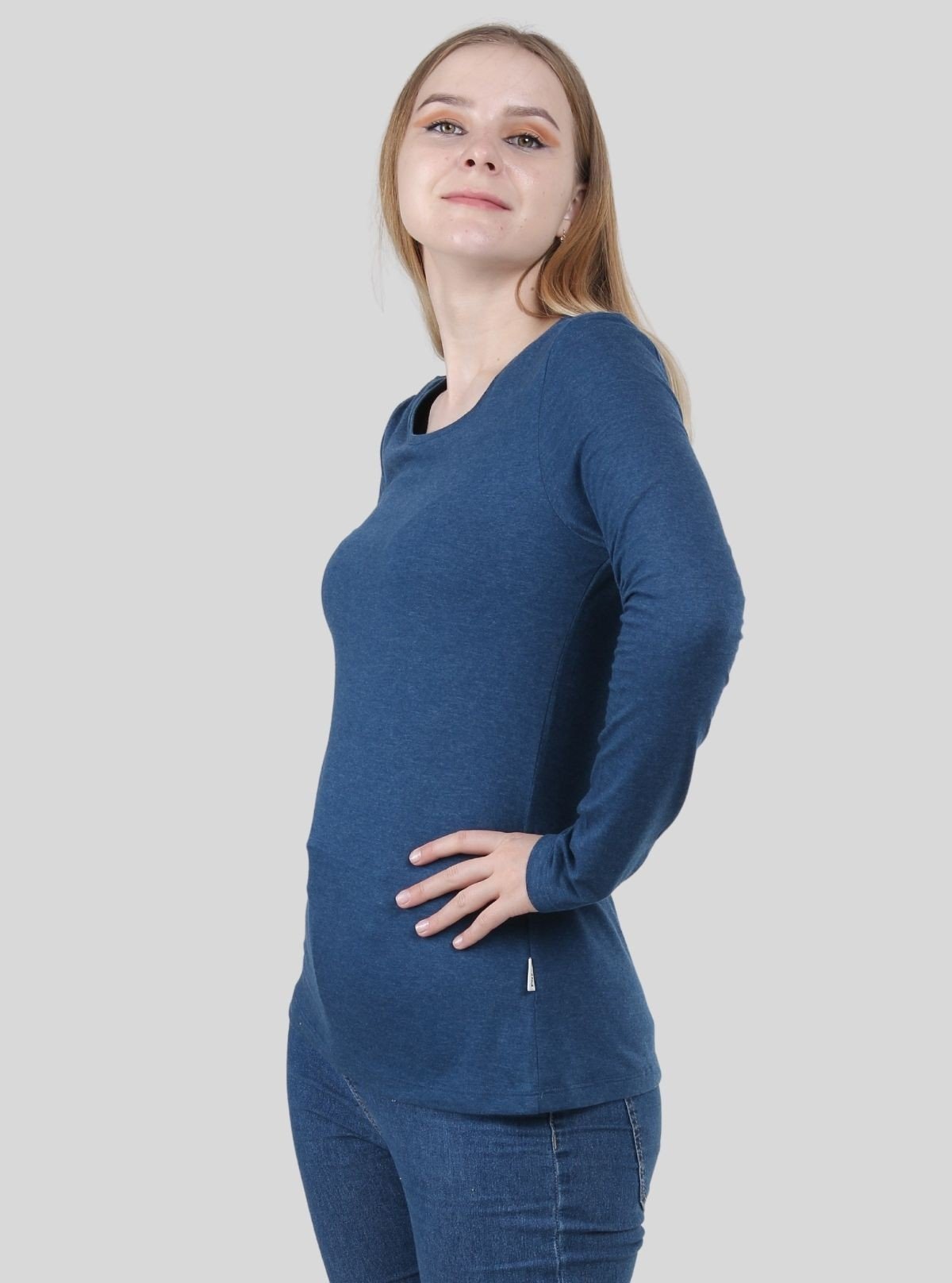 Women's Prussian Blue Crew Neck Cotton Jersey Long Sleeve T-Shirt by Boer and Fitch - Boer and Fitch