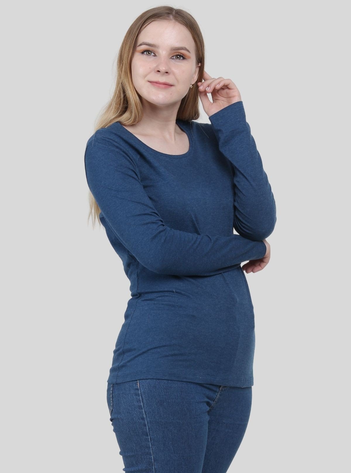 Women's Prussian Blue Crew Neck Cotton Jersey Long Sleeve T-Shirt by Boer and Fitch - Boer and Fitch