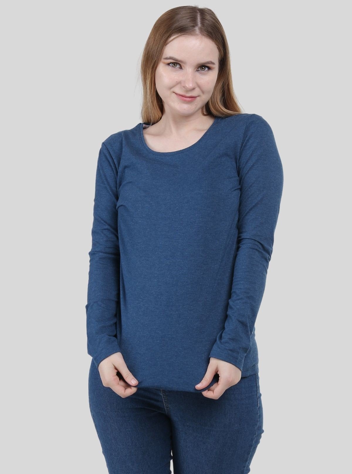 Women's Prussian Blue Crew Neck Cotton Jersey Long Sleeve T-Shirt by Boer and Fitch - Boer and Fitch