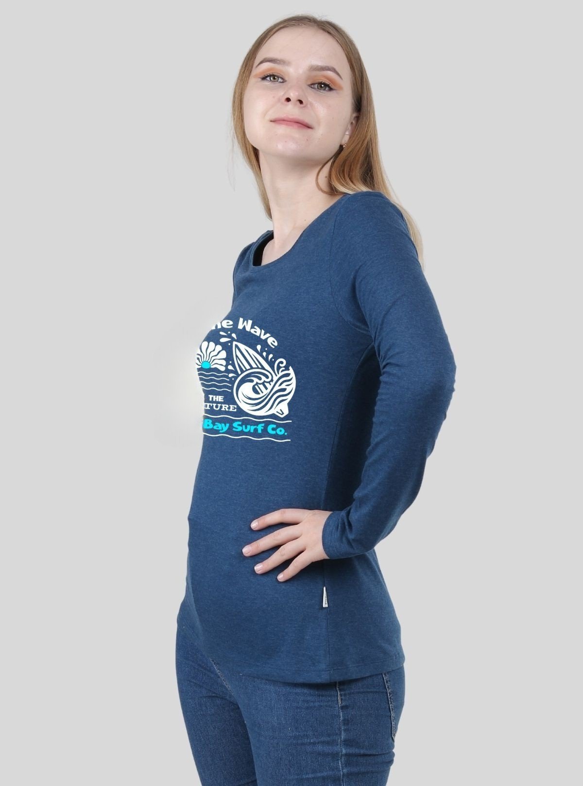 Women's Prussian Blue Crew Neck Wave Print Cotton Jersey Long Sleeve T-Shirt by Boer and Fitch - Boer and Fitch