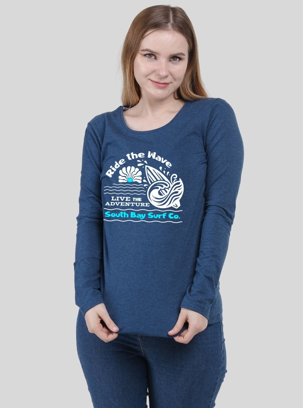 Women's Prussian Blue Crew Neck Wave Print Cotton Jersey Long Sleeve T-Shirt by Boer and Fitch - Boer and Fitch
