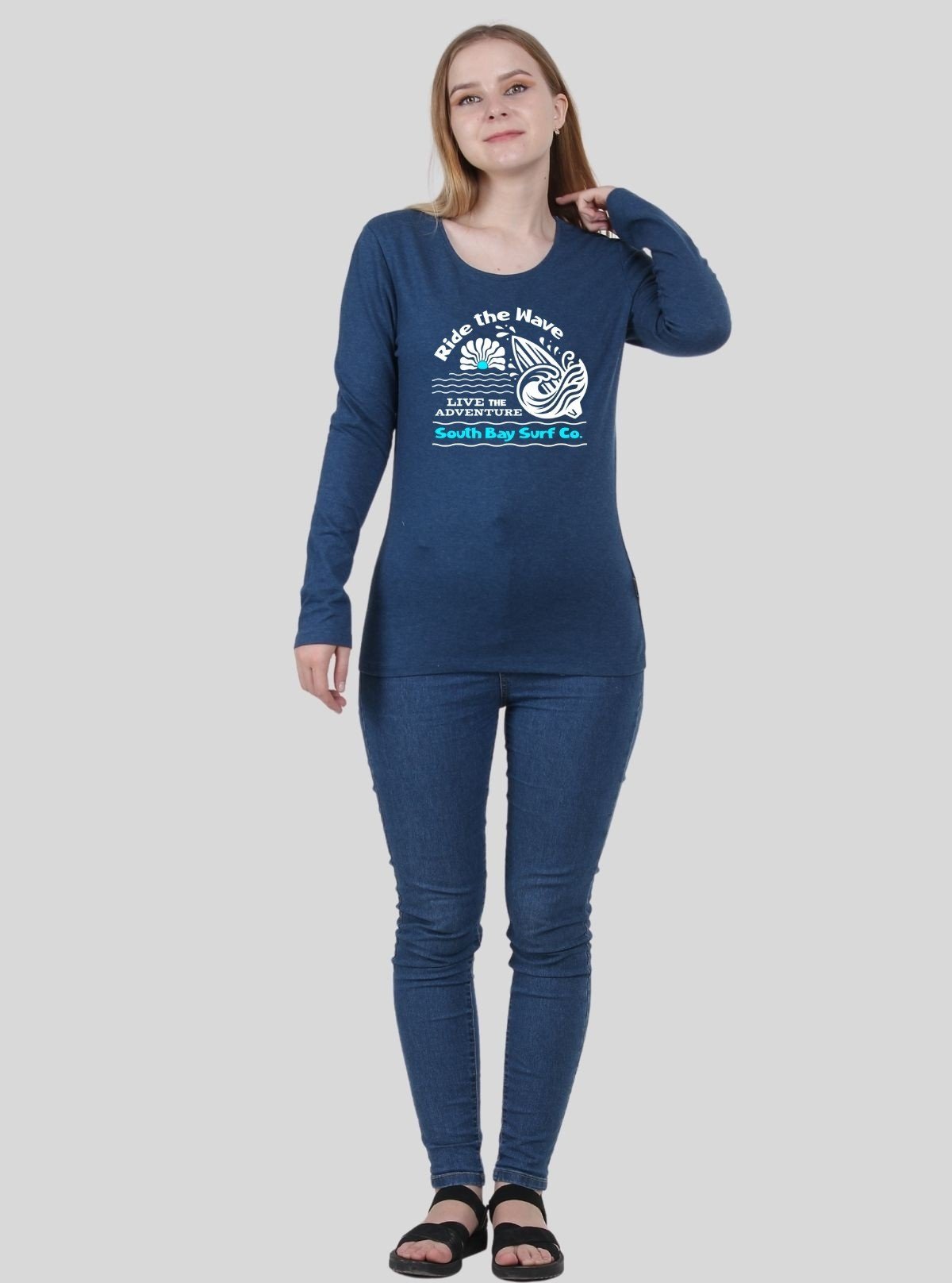 Women's Prussian Blue Crew Neck Wave Print Cotton Jersey Long Sleeve T-Shirt by Boer and Fitch - Boer and Fitch