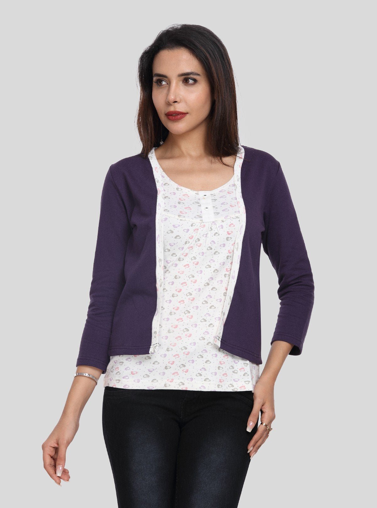 Women's Purple Cotton Shrug with White Printed Top – Boer and Fitch - Boer and Fitch