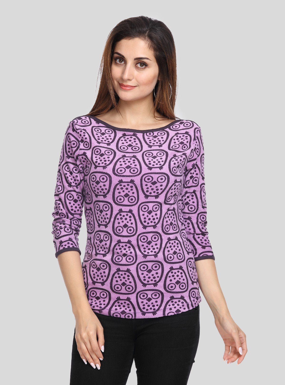 Women’s Purple Eagle Print 3/4 Sleeve Boat Neck Sweat Top – Cotton Blend - Boer and Fitch
