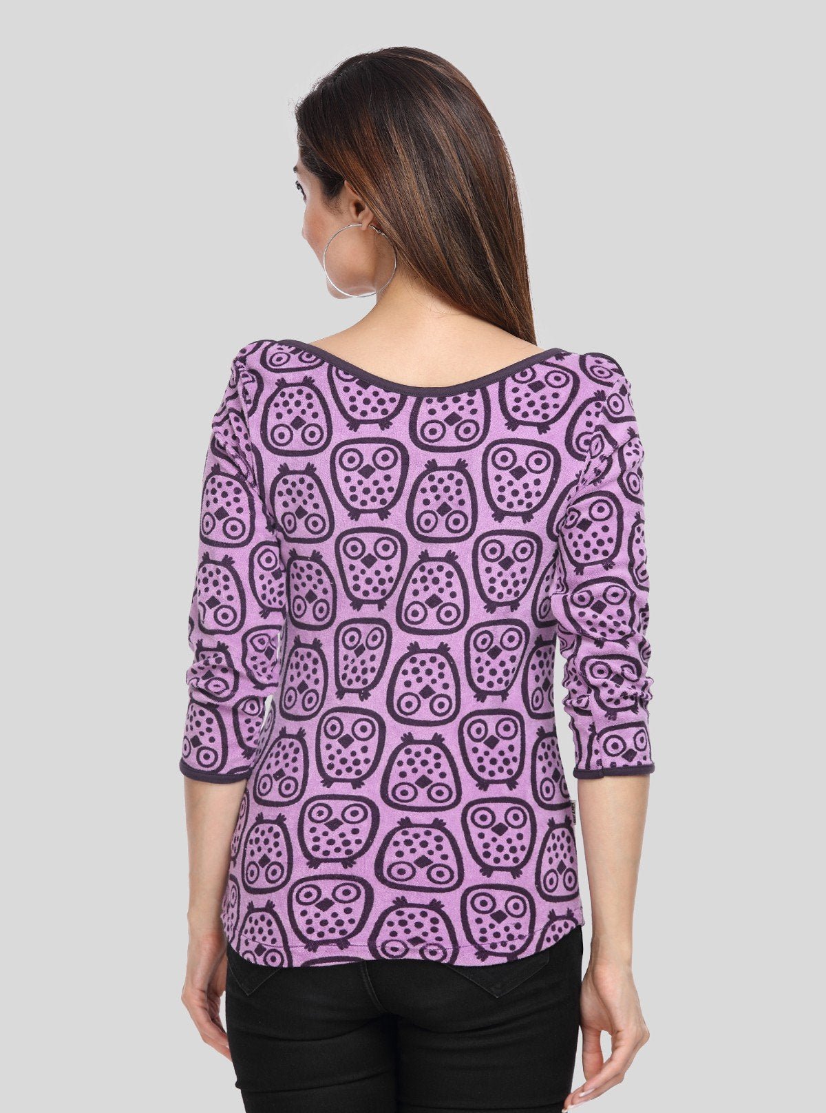 Women’s Purple Eagle Print 3/4 Sleeve Boat Neck Sweat Top – Cotton Blend - Boer and Fitch