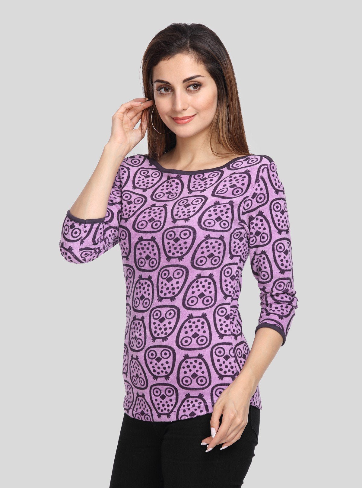 Women’s Purple Eagle Print 3/4 Sleeve Boat Neck Sweat Top – Cotton Blend - Boer and Fitch