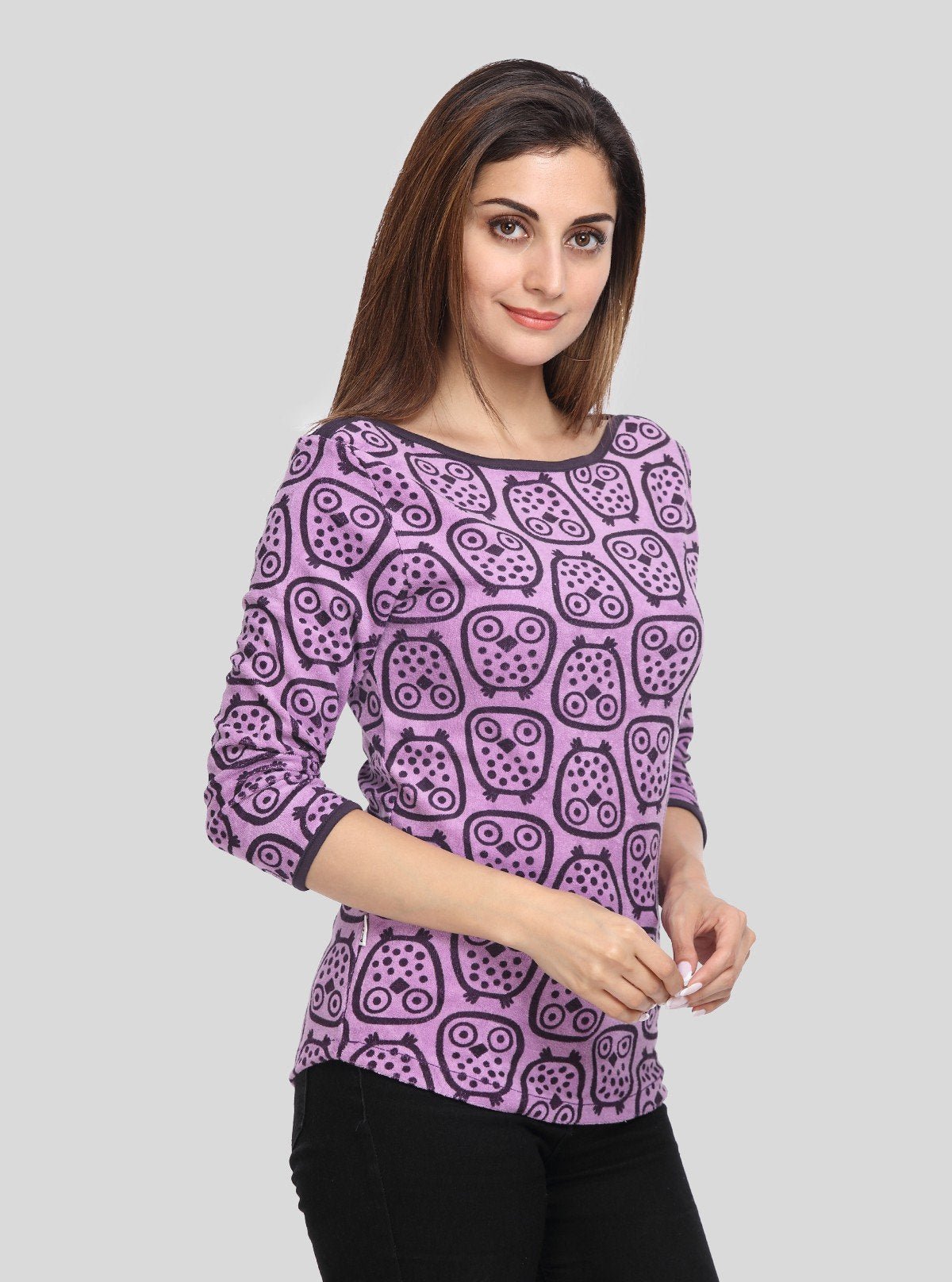 Women’s Purple Eagle Print 3/4 Sleeve Boat Neck Sweat Top – Cotton Blend - Boer and Fitch
