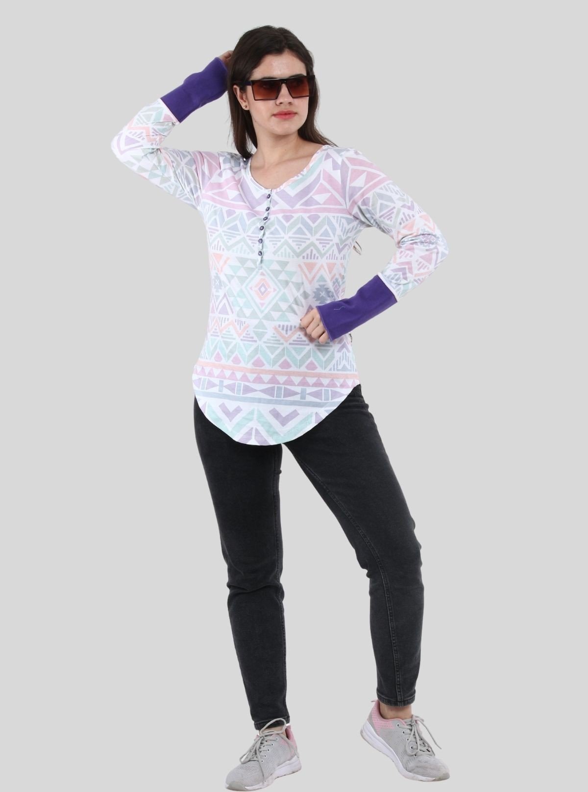Women's Purple Graphic Printed Cotton Jersey Long Sleeve Top | Boer & Fitch - Boer and Fitch
