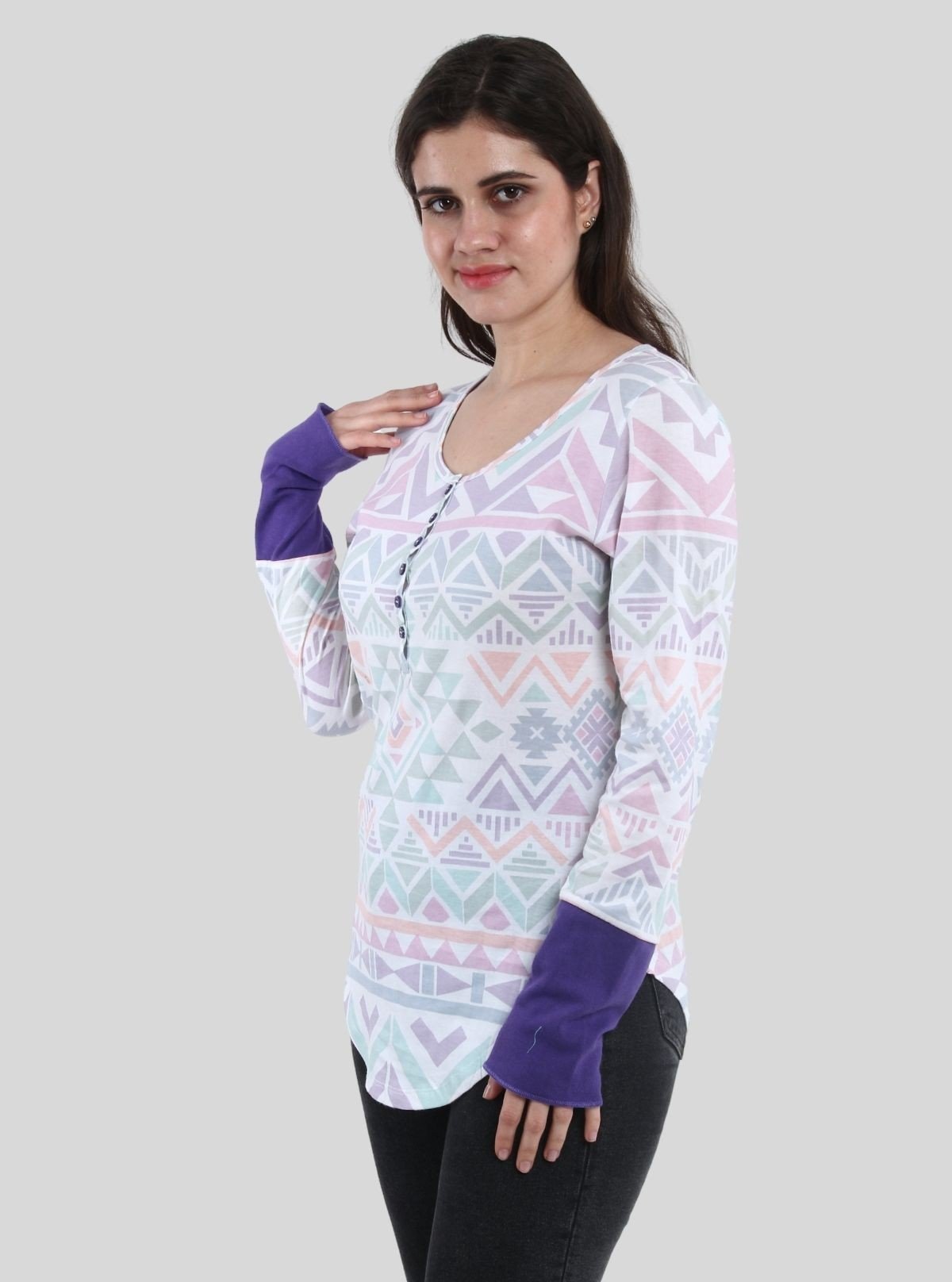 Women's Purple Graphic Printed Cotton Jersey Long Sleeve Top | Boer & Fitch - Boer and Fitch