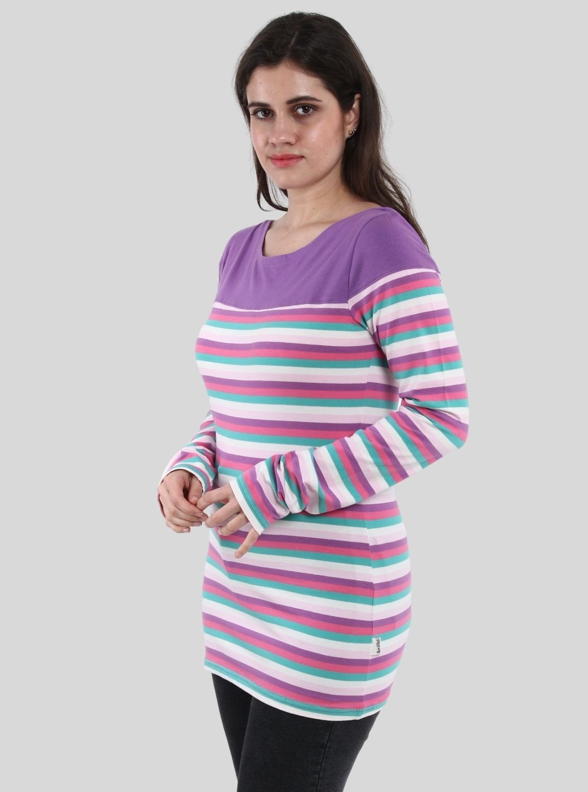 Women's Purple Scoop Neck Striped Panel Long Sleeve Top – Cotton Jersey - Boer and Fitch