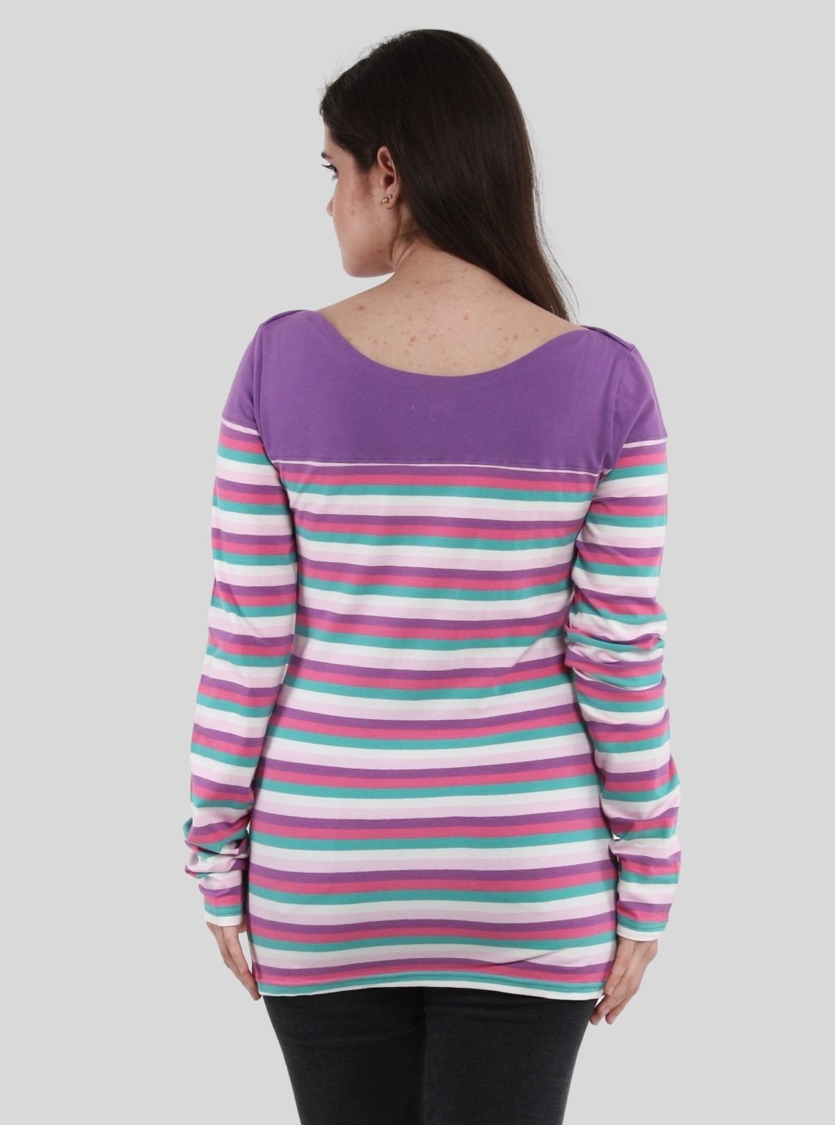 Women's Purple Scoop Neck Striped Panel Long Sleeve Top – Cotton Jersey - Boer and Fitch