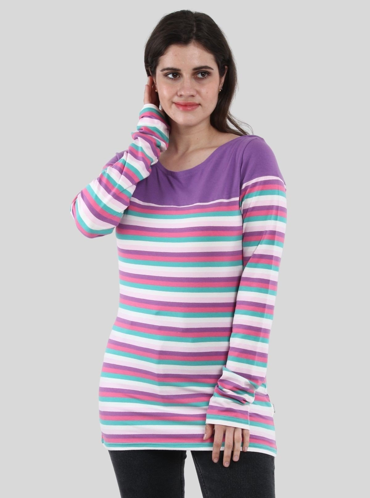 Women's Purple Scoop Neck Striped Panel Long Sleeve Top – Cotton Jersey - Boer and Fitch