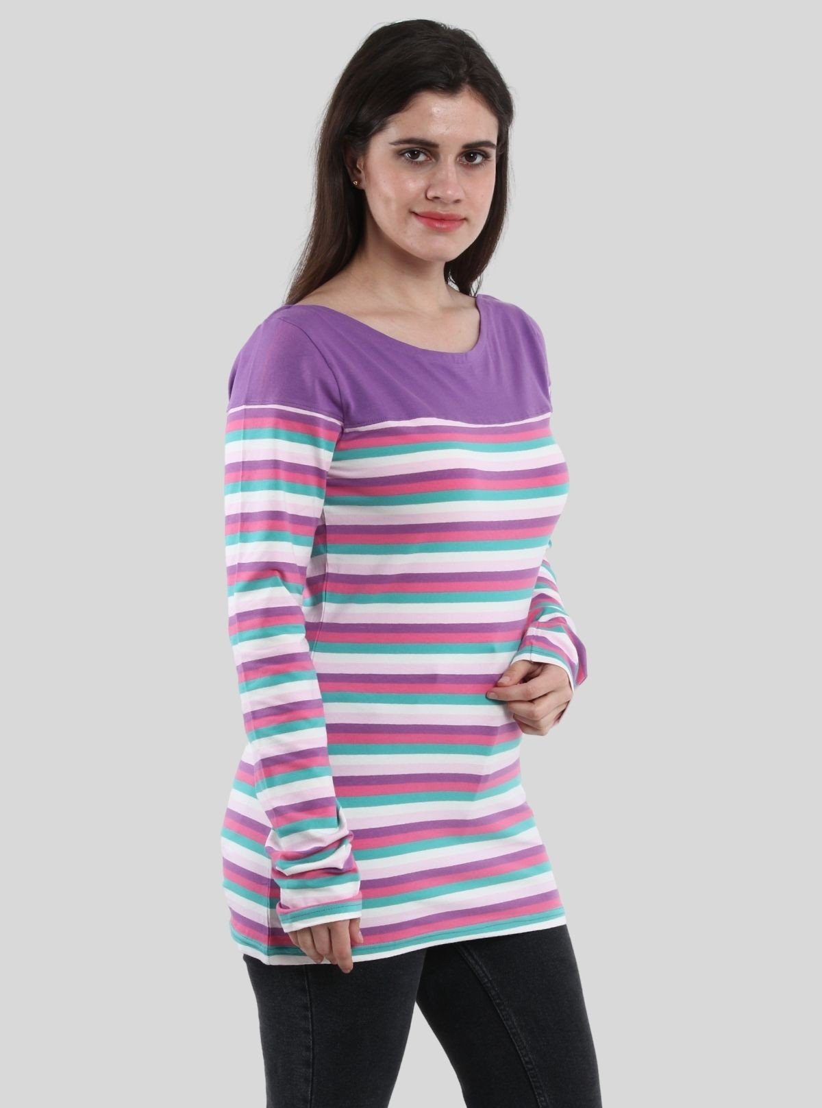 Women's Purple Scoop Neck Striped Panel Long Sleeve Top – Cotton Jersey - Boer and Fitch
