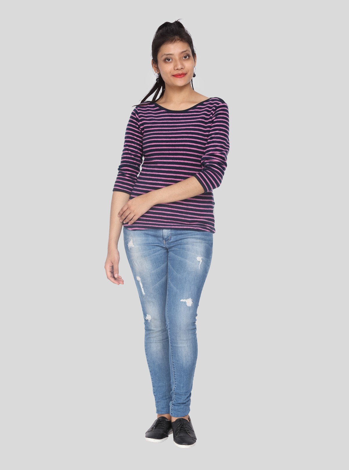 Women’s Purple Striped Cotton Ribbed Sweat Top with Boat Neck – Boer & Fitch - Boer and Fitch