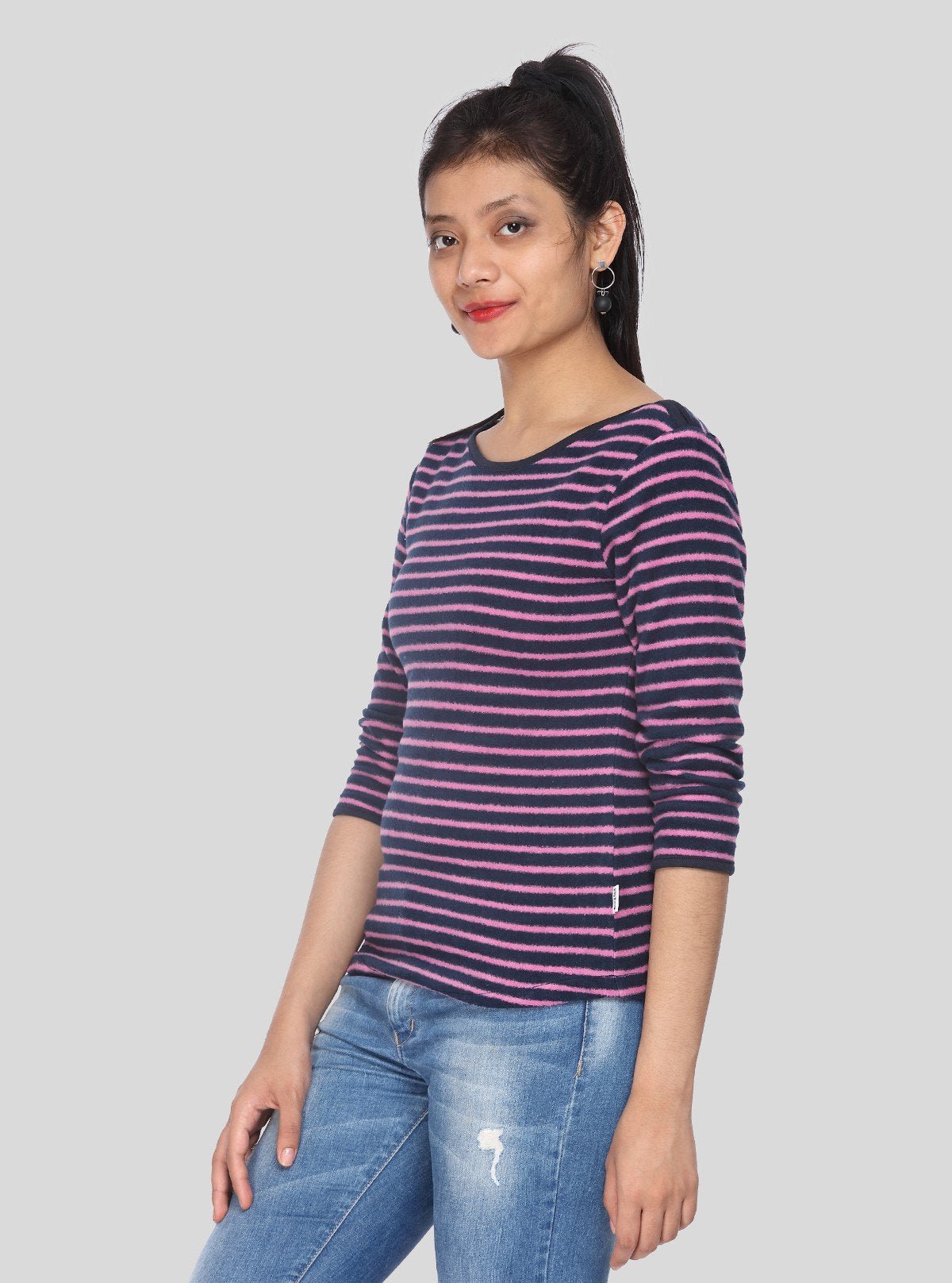 Women’s Purple Striped Cotton Ribbed Sweat Top with Boat Neck – Boer & Fitch - Boer and Fitch