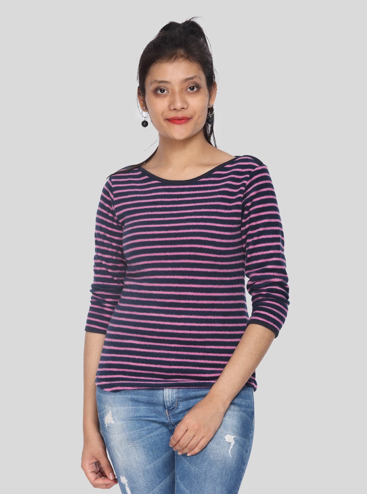 Women’s Purple Striped Cotton Ribbed Sweat Top with Boat Neck – Boer & Fitch - Boer and Fitch