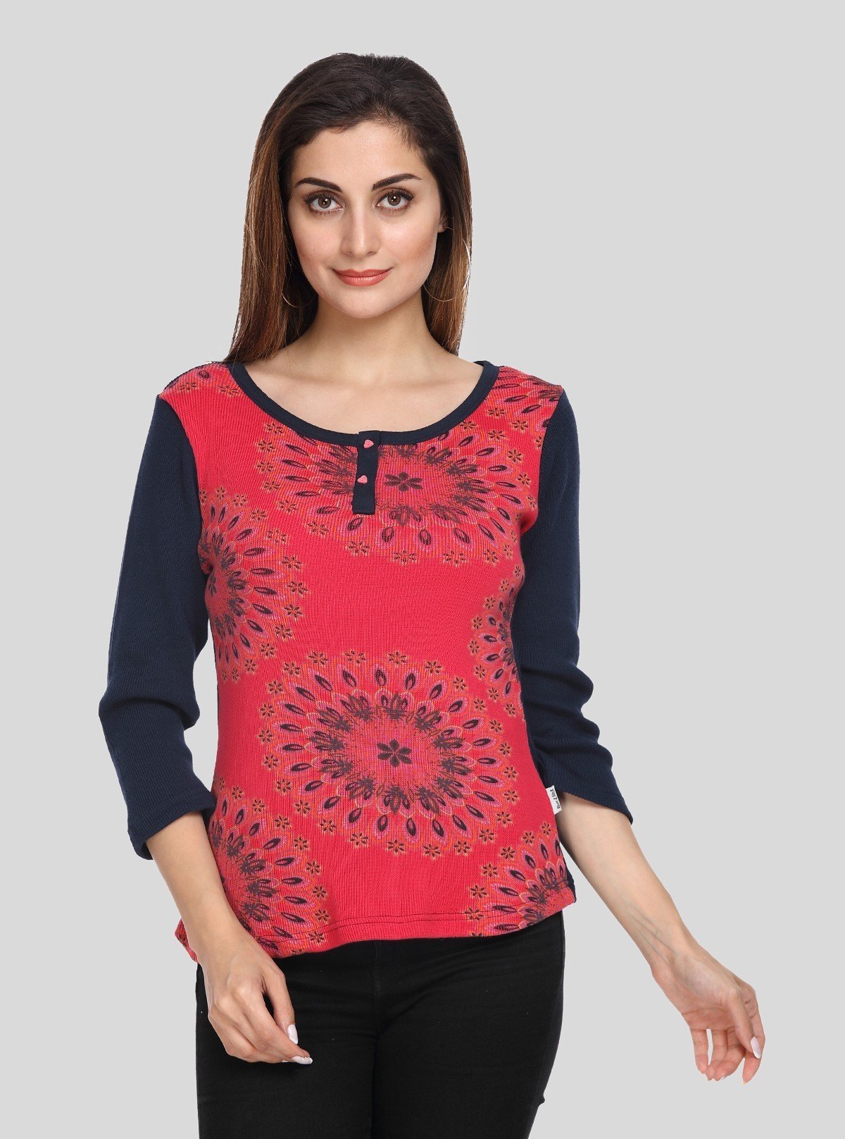 Women’s Red Floral Cotton Ribbed Sweat Top with Boat Neck – Boer & Fitch - Boer and Fitch
