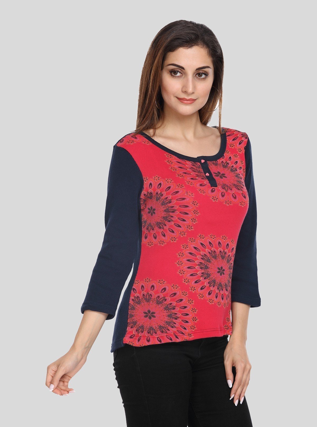 Women’s Red Floral Cotton Ribbed Sweat Top with Boat Neck – Boer & Fitch - Boer and Fitch