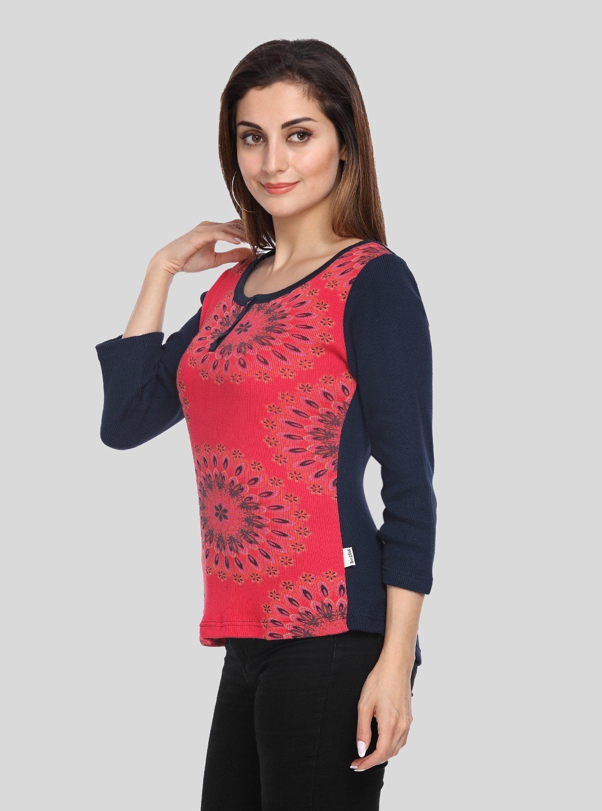 Women’s Red Floral Cotton Ribbed Sweat Top with Boat Neck – Boer & Fitch - Boer and Fitch