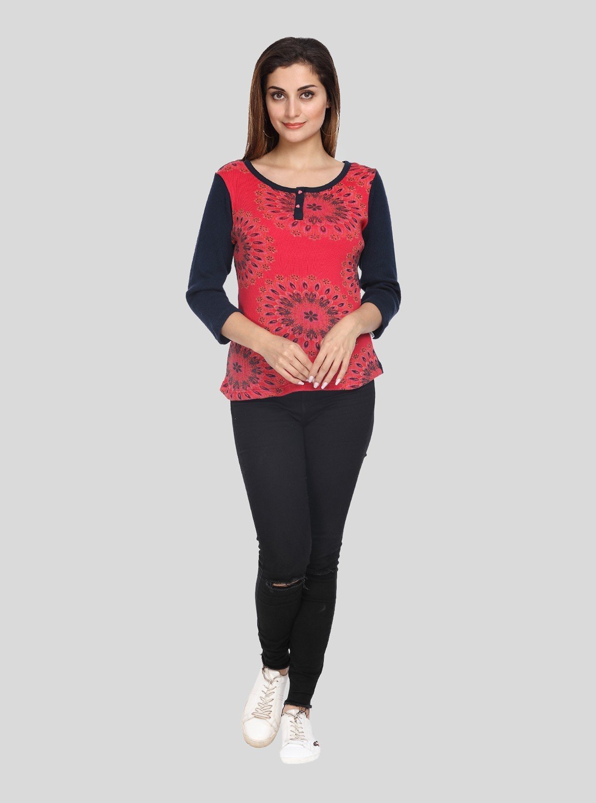 Women’s Red Floral Cotton Ribbed Sweat Top with Boat Neck – Boer & Fitch - Boer and Fitch