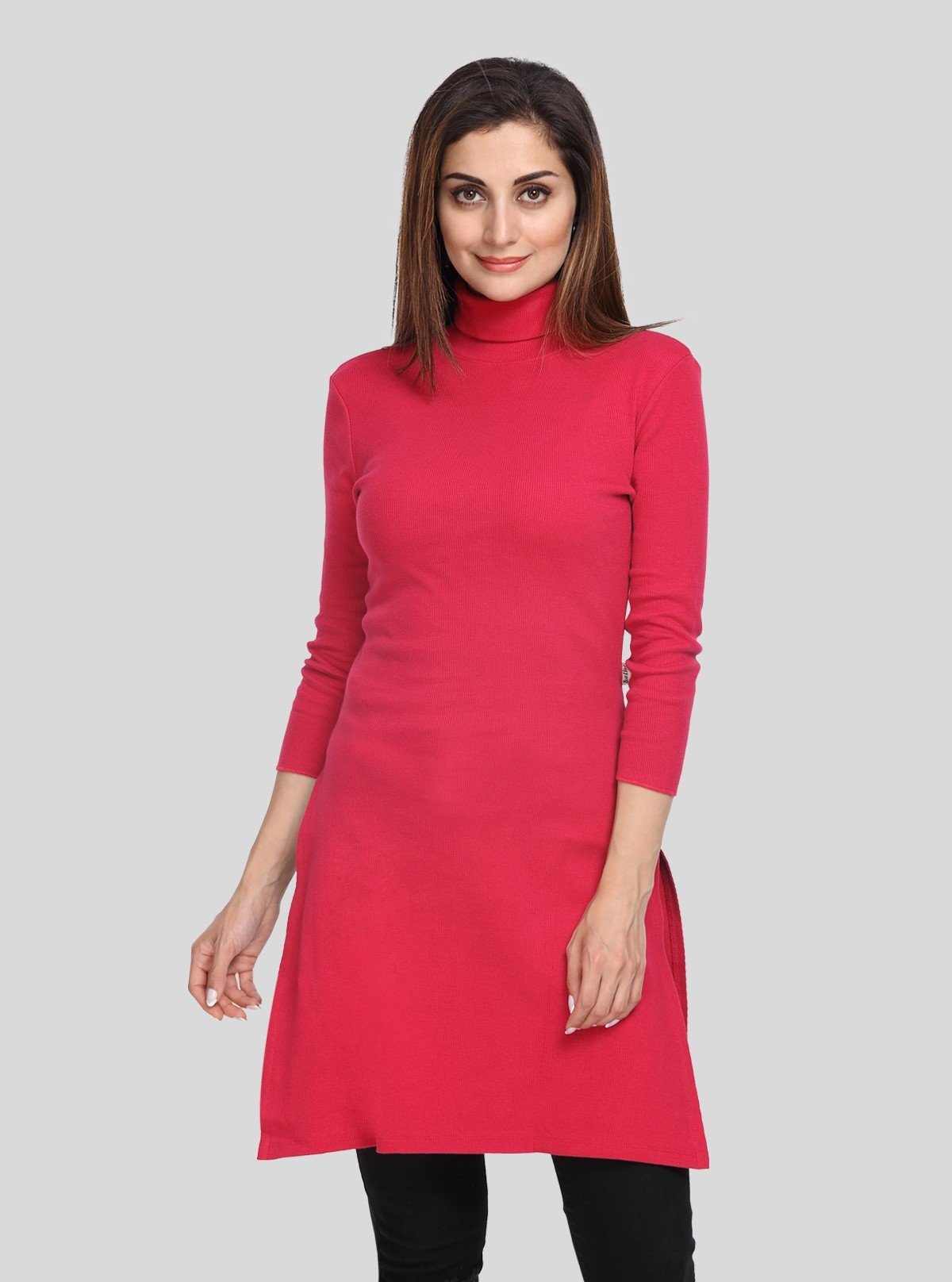 Women's Red High Neck Long Sleeve Ribbed Dress in Cotton Elastane - Boer and Fitch