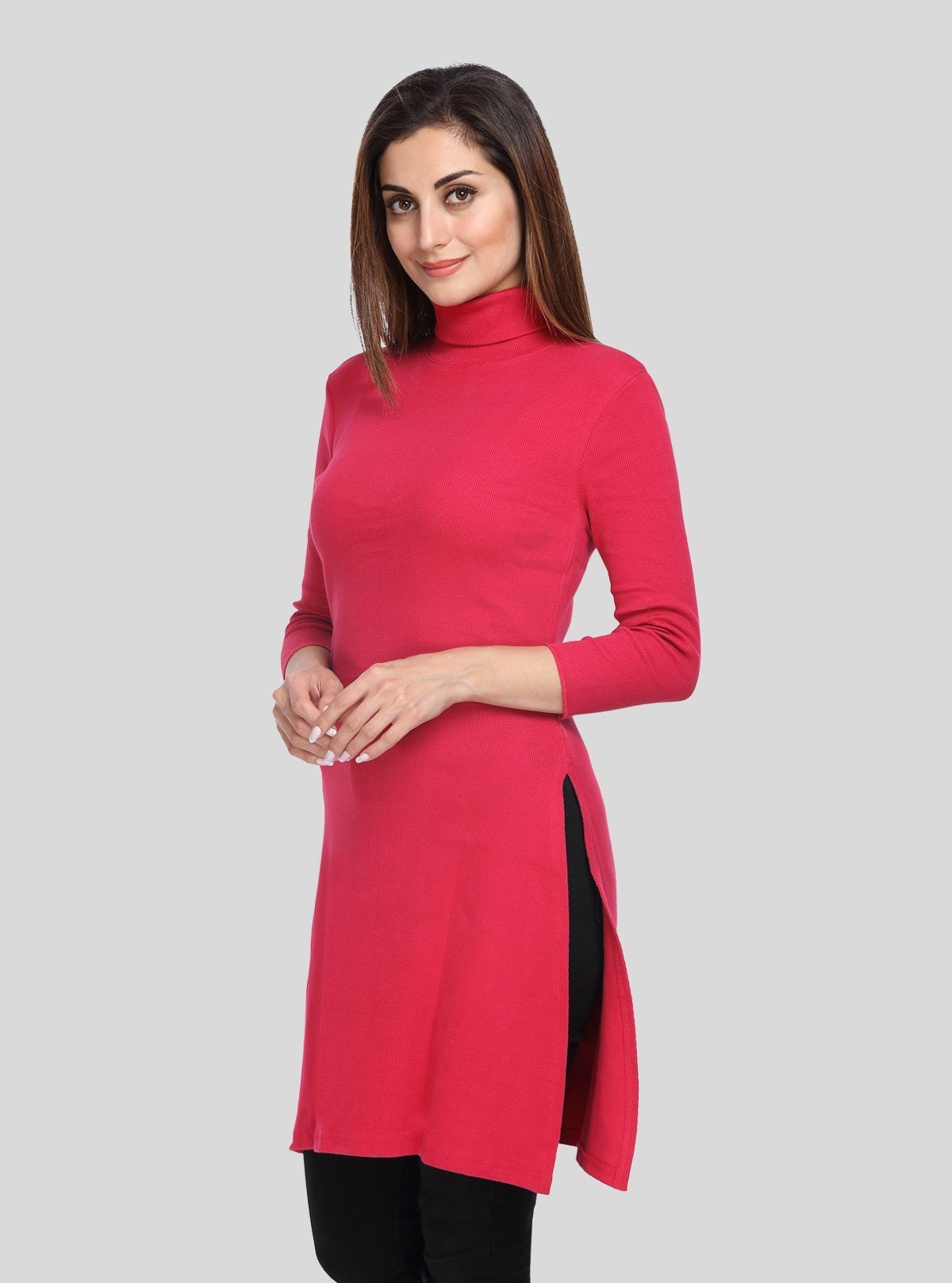 Women's Red High Neck Long Sleeve Ribbed Dress in Cotton Elastane - Boer and Fitch