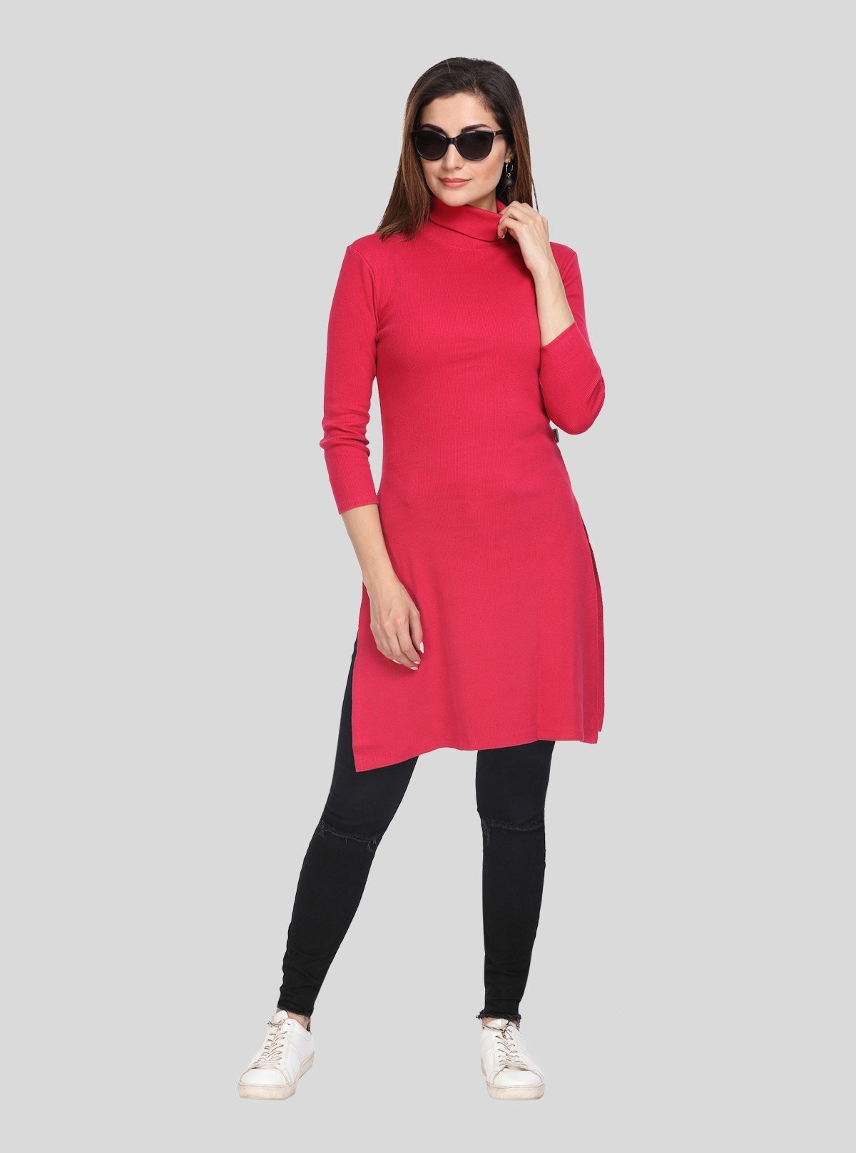 Women's Red High Neck Long Sleeve Ribbed Dress in Cotton Elastane - Boer and Fitch