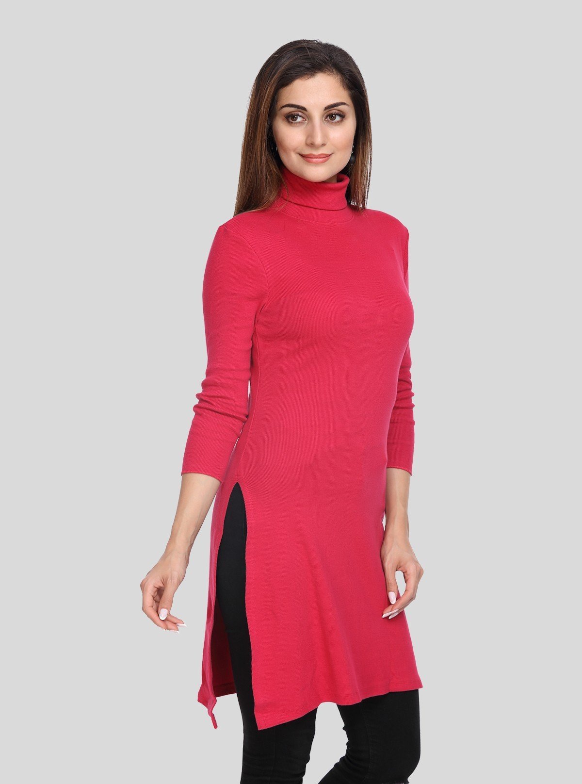 Women's Red High Neck Long Sleeve Ribbed Dress in Cotton Elastane - Boer and Fitch