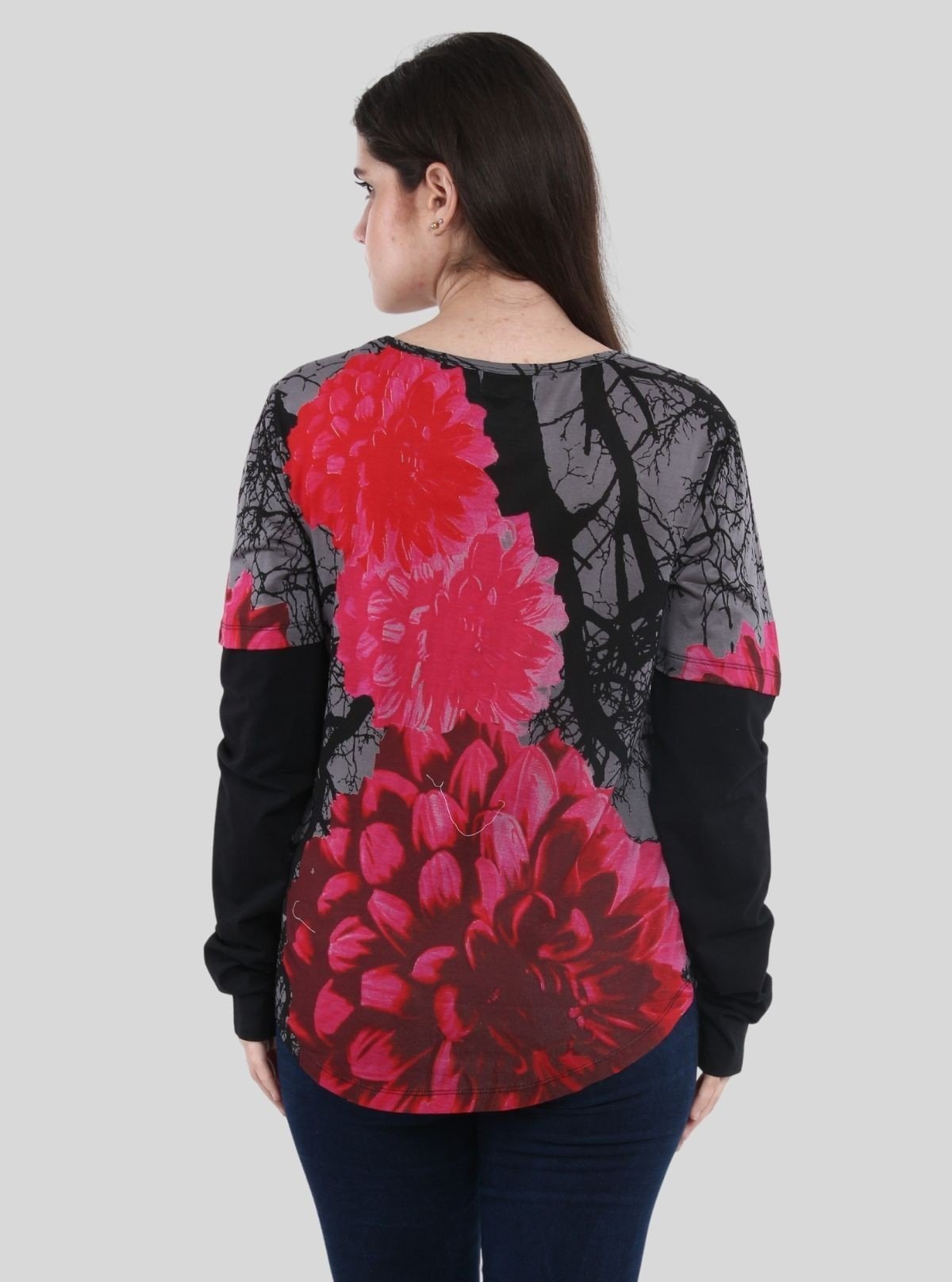 Women's Red Rose Printed Long Sleeve Top in Cotton Blend | Boer & Fitch - Boer and Fitch