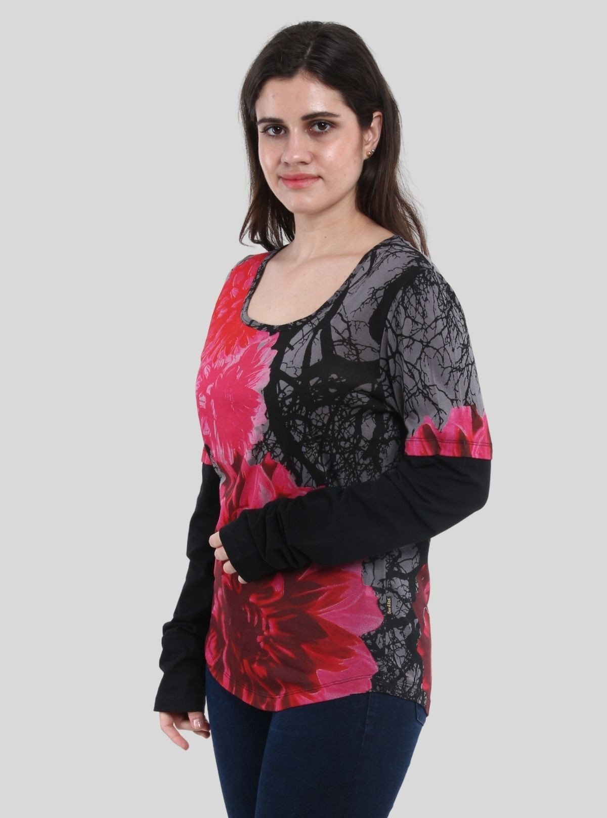 Women's Red Rose Printed Long Sleeve Top in Cotton Blend | Boer & Fitch - Boer and Fitch