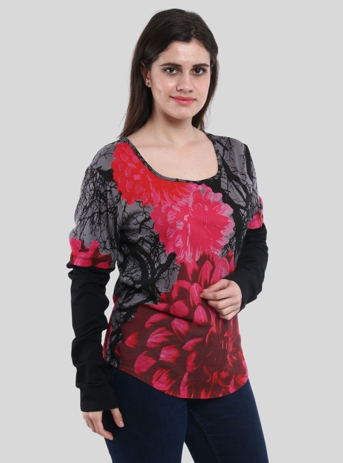 Women's Red Rose Printed Long Sleeve Top in Cotton Blend | Boer & Fitch - Boer and Fitch