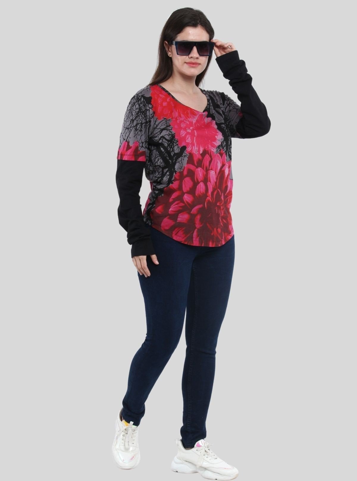 Women's Red Rose Printed Long Sleeve Top in Cotton Blend | Boer & Fitch - Boer and Fitch