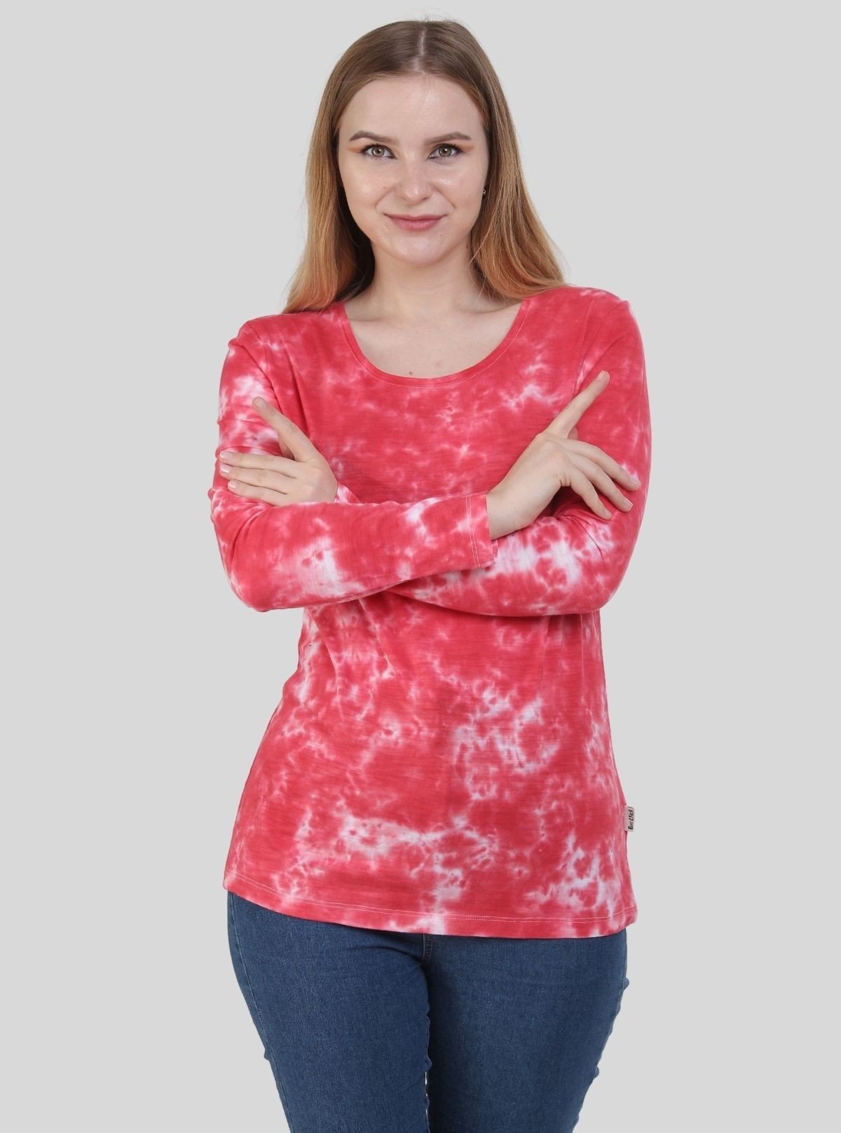 Women's Red Tie and Dye Crew Neck Cotton Jersey Long Sleeve T-Shirt by Boer and Fitch - Boer and Fitch