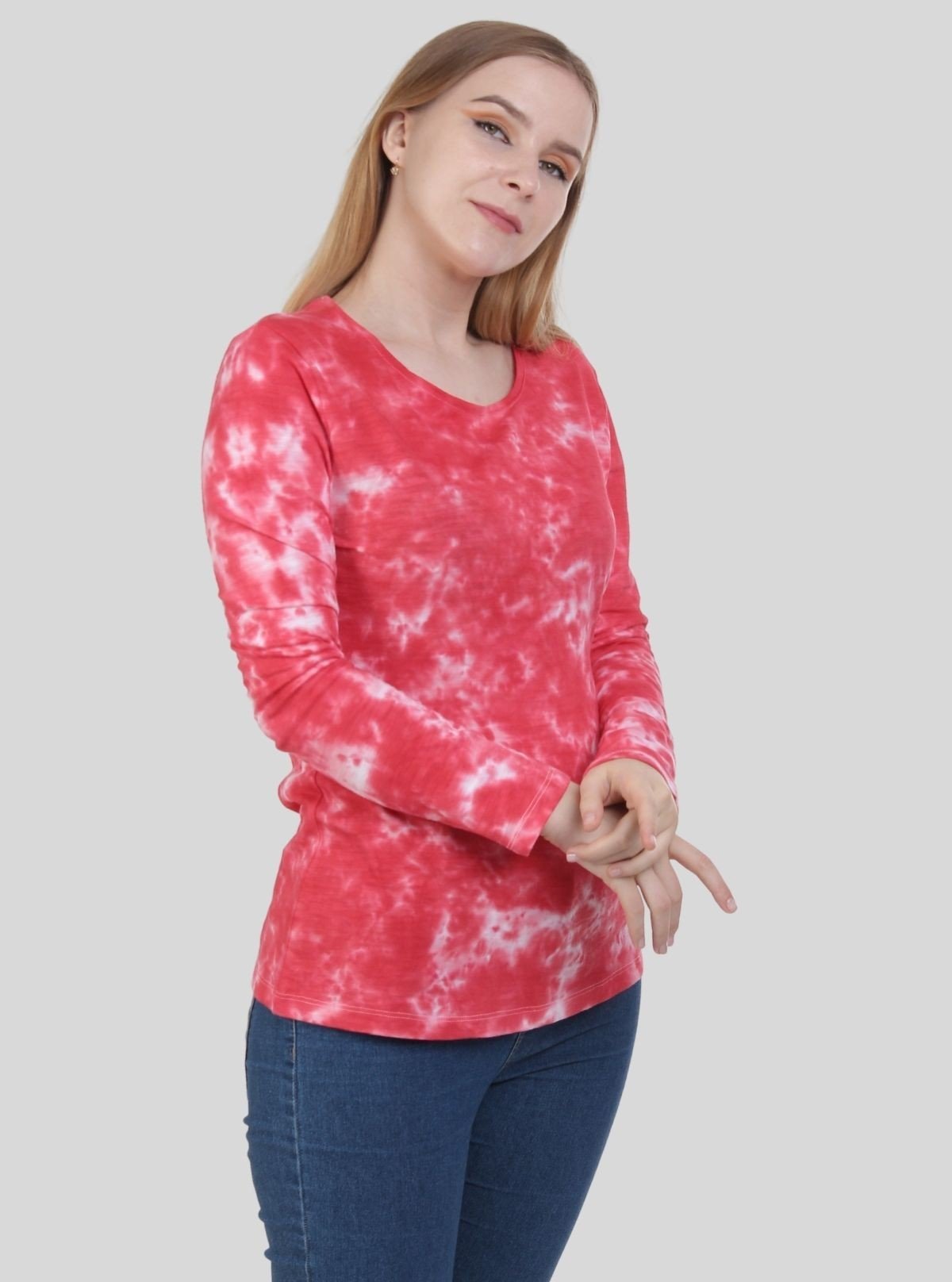 Women's Red Tie and Dye Crew Neck Cotton Jersey Long Sleeve T-Shirt by Boer and Fitch - Boer and Fitch