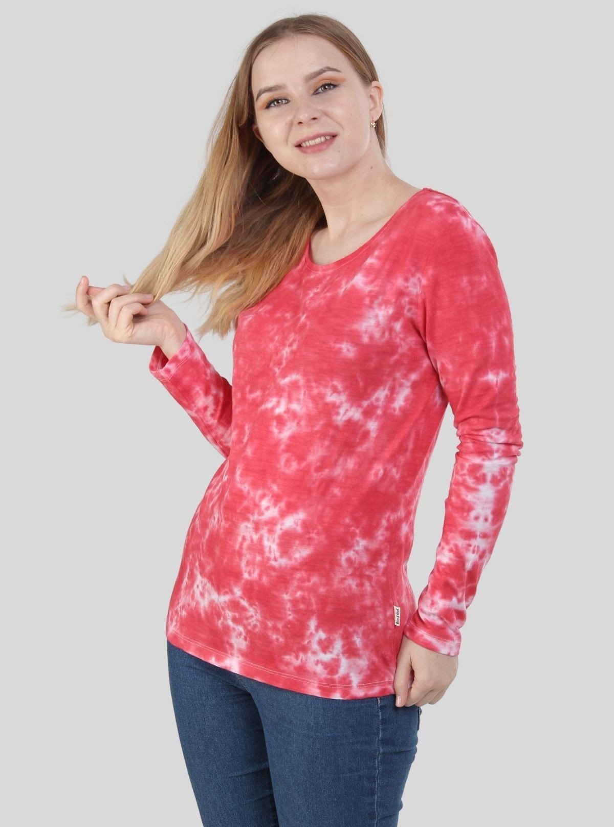 Women's Red Tie and Dye Crew Neck Cotton Jersey Long Sleeve T-Shirt by Boer and Fitch - Boer and Fitch