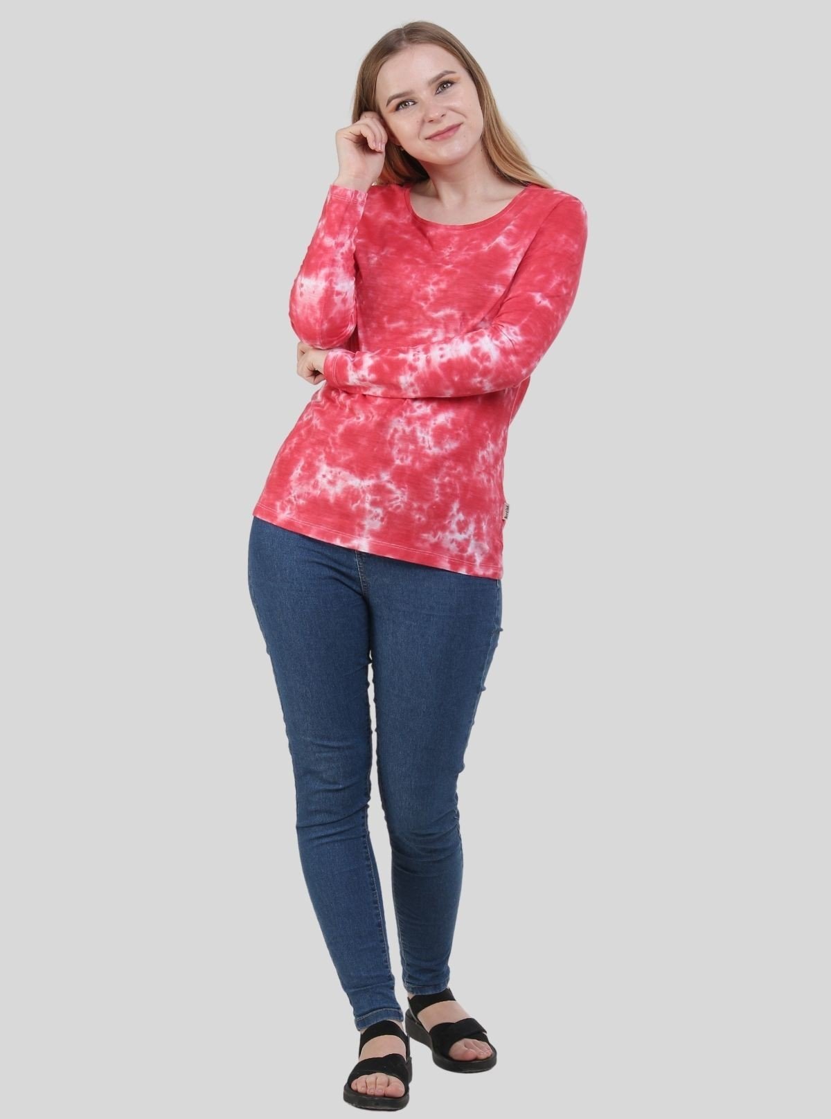 Women's Red Tie and Dye Crew Neck Cotton Jersey Long Sleeve T-Shirt by Boer and Fitch - Boer and Fitch