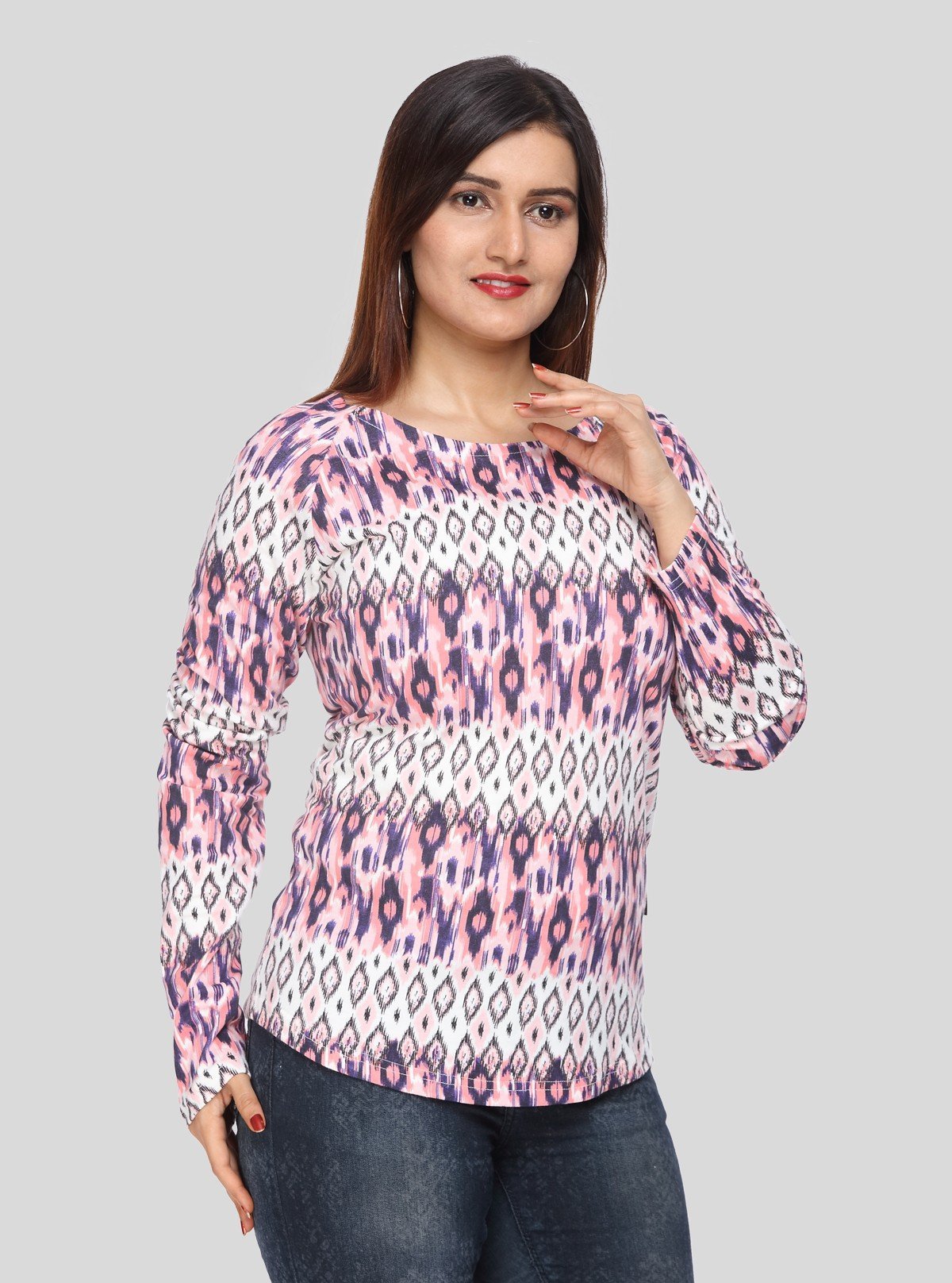 Women's Scoop Neck Graphic Print Long Sleeve Cotton Jersey Top - Boer and Fitch