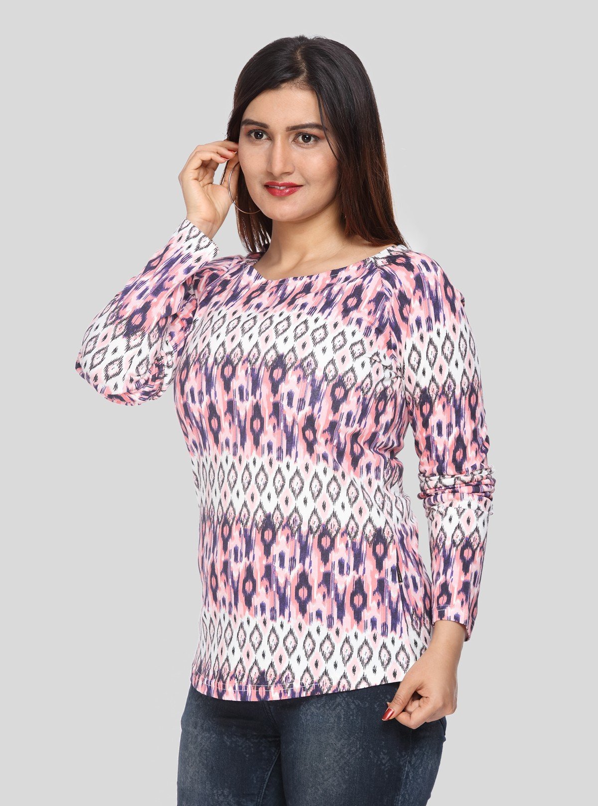 Women's Scoop Neck Graphic Print Long Sleeve Cotton Jersey Top - Boer and Fitch