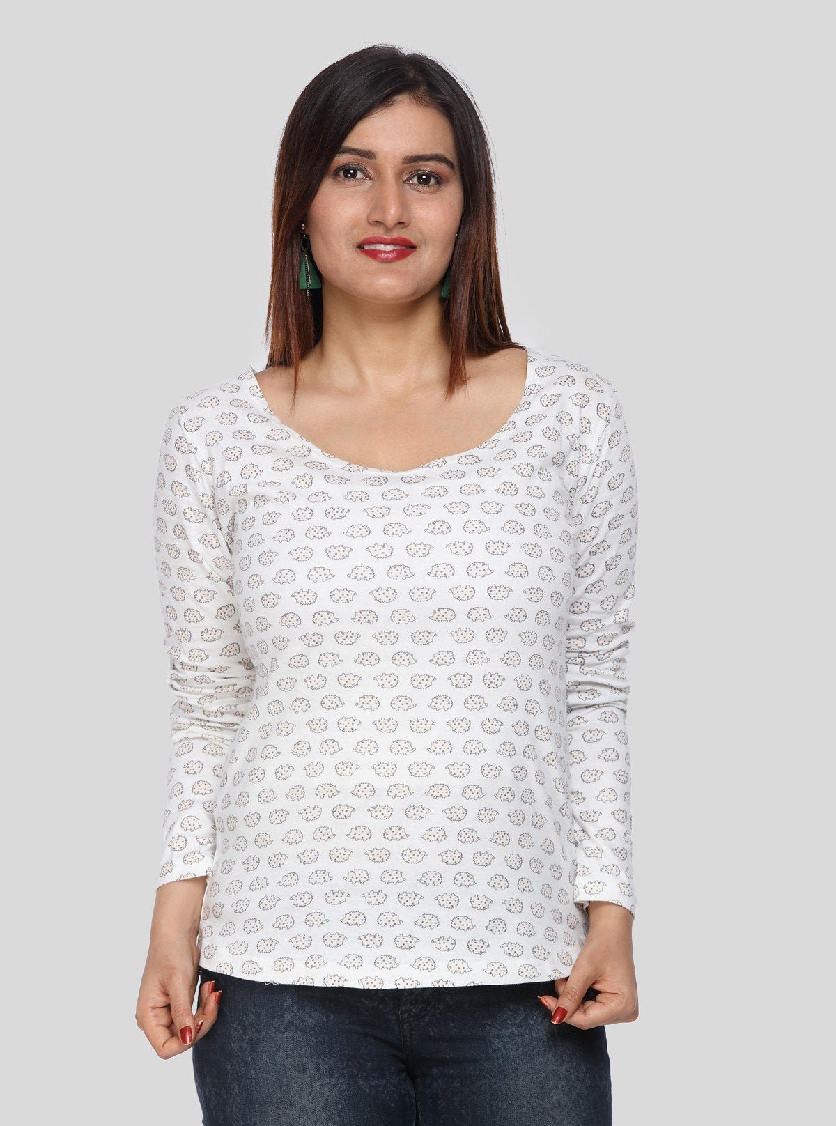 Women's Scoop Neck Sheep Print Cotton Jersey Long Sleeve Top - Boer and Fitch