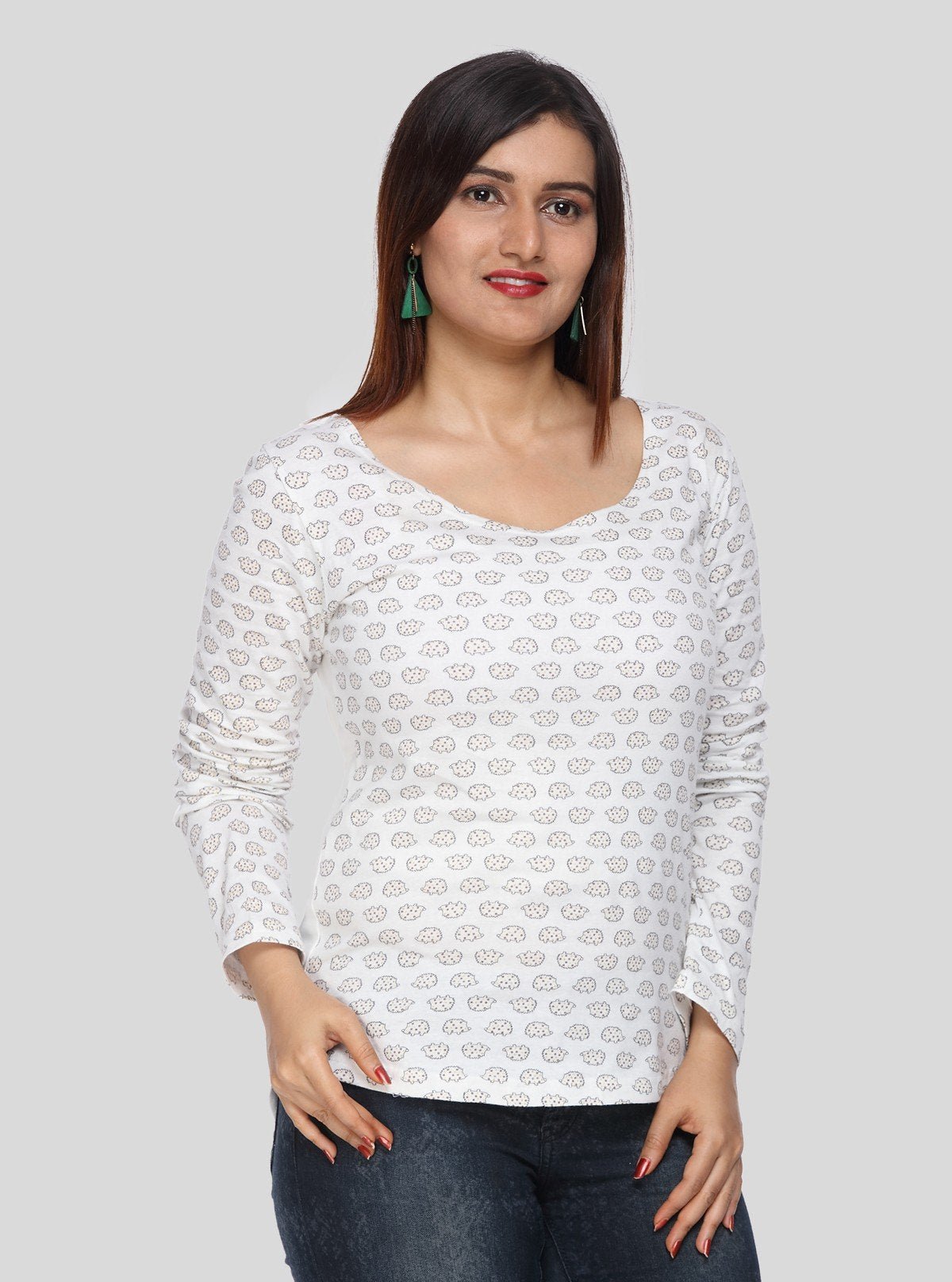 Women's Scoop Neck Sheep Print Cotton Jersey Long Sleeve Top - Boer and Fitch