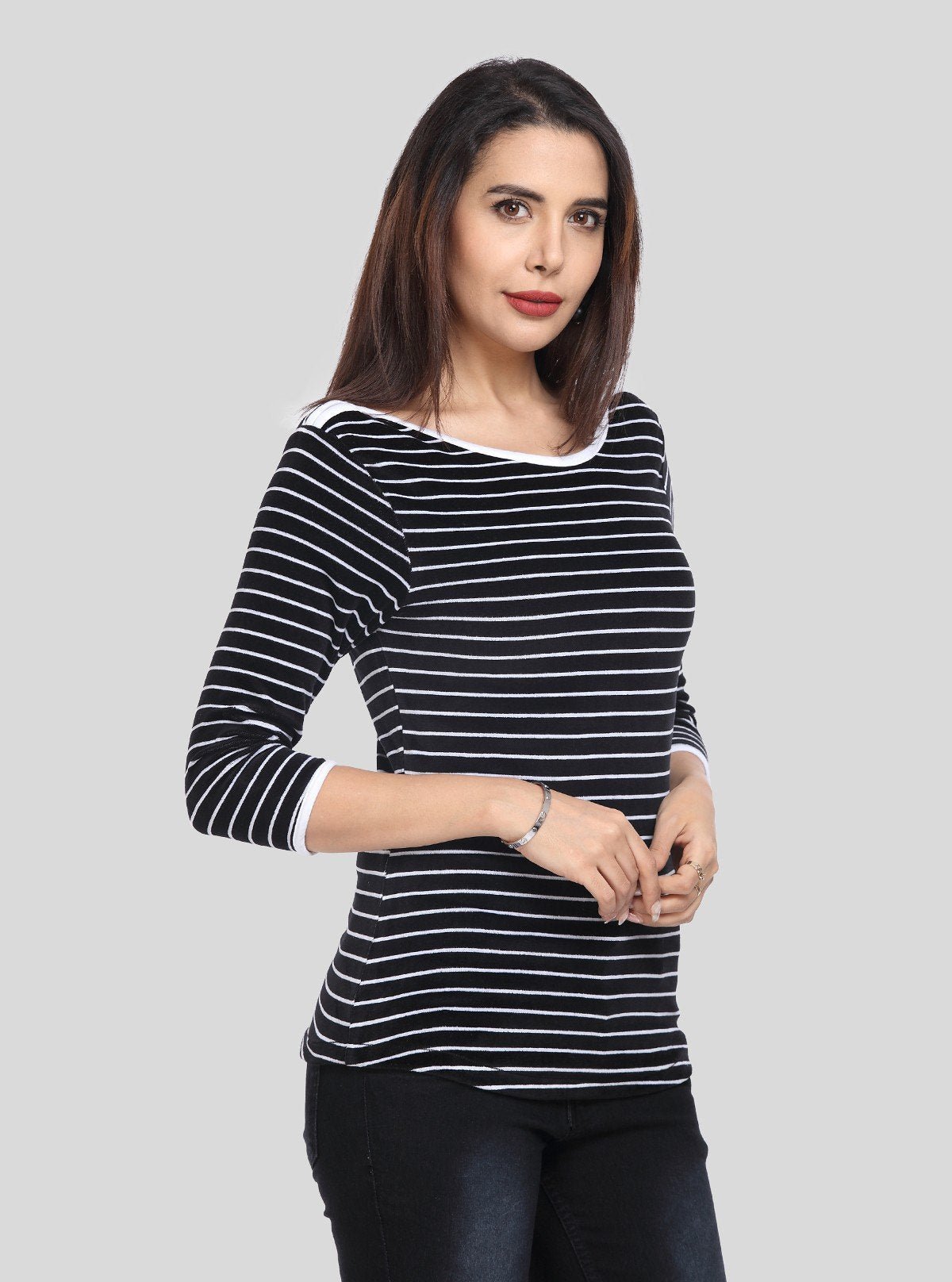 Women’s Segments Navy Stripe Velour Sweat Top in Cotton - Poly Blend - Boer and Fitch