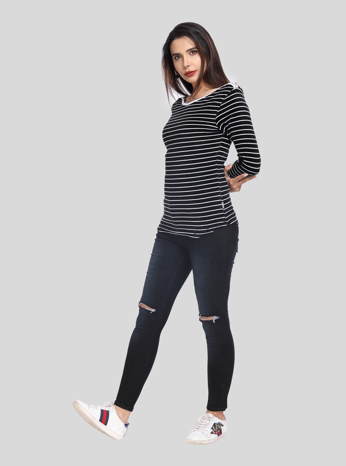 Women’s Segments Navy Stripe Velour Sweat Top in Cotton - Poly Blend - Boer and Fitch
