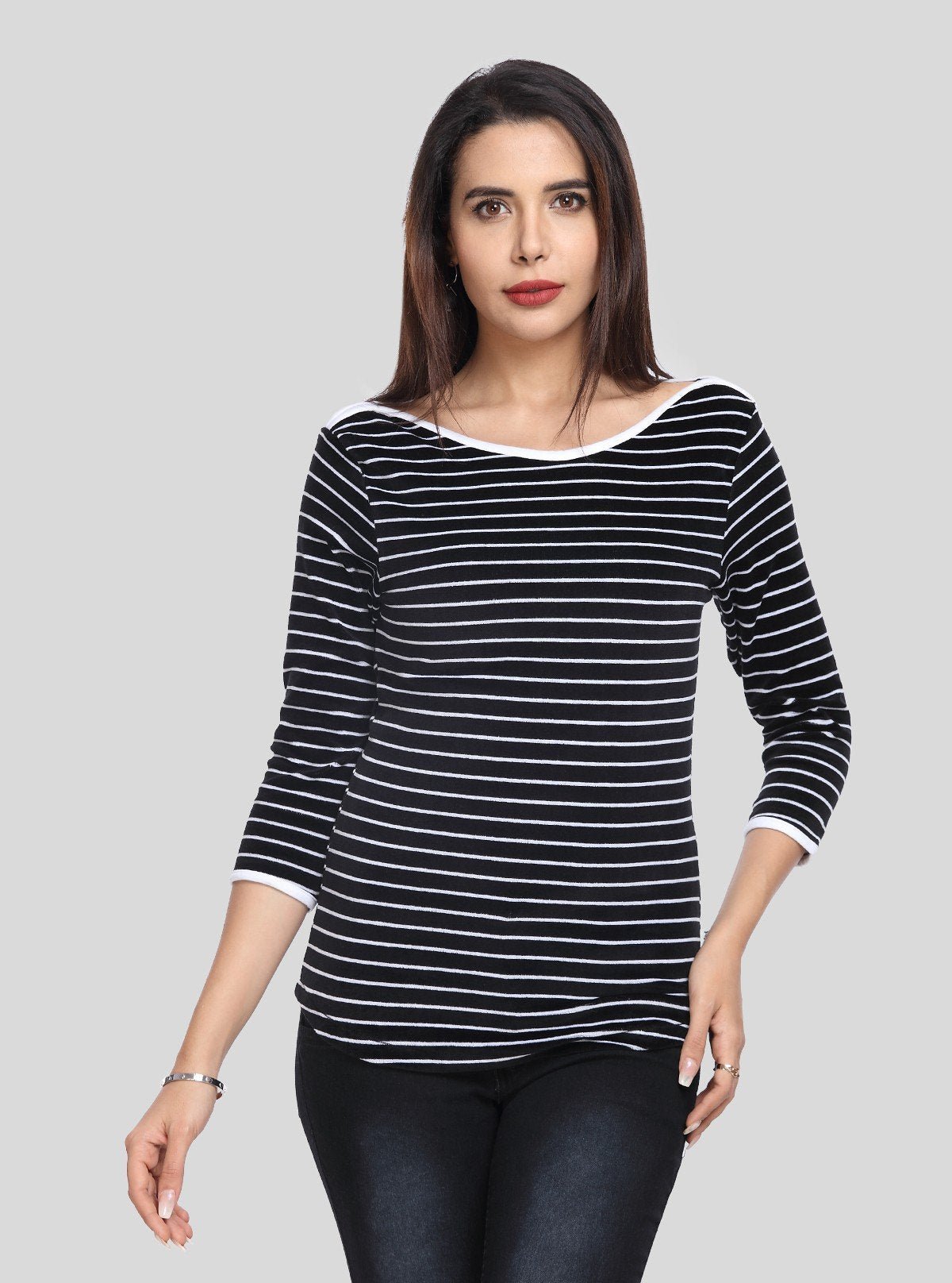 Women’s Segments Navy Stripe Velour Sweat Top in Cotton - Poly Blend - Boer and Fitch