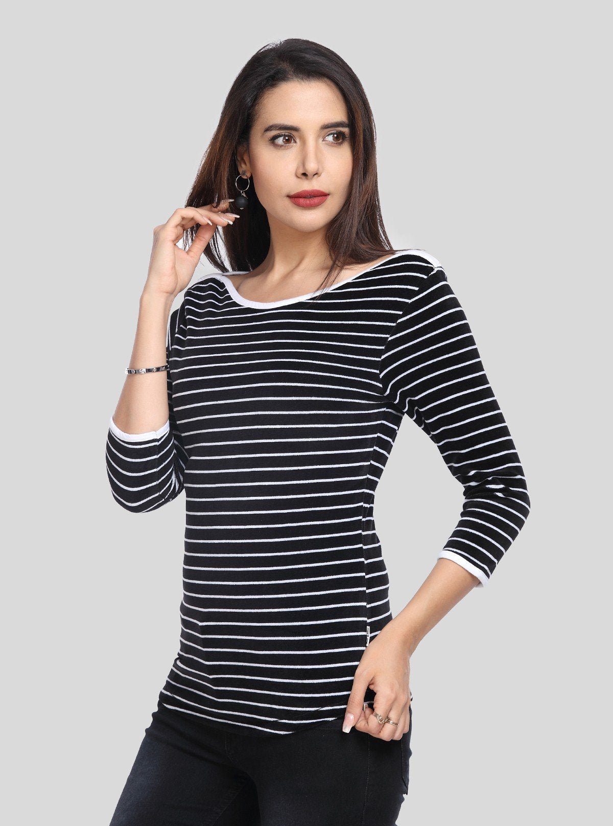 Women’s Segments Navy Stripe Velour Sweat Top in Cotton - Poly Blend - Boer and Fitch