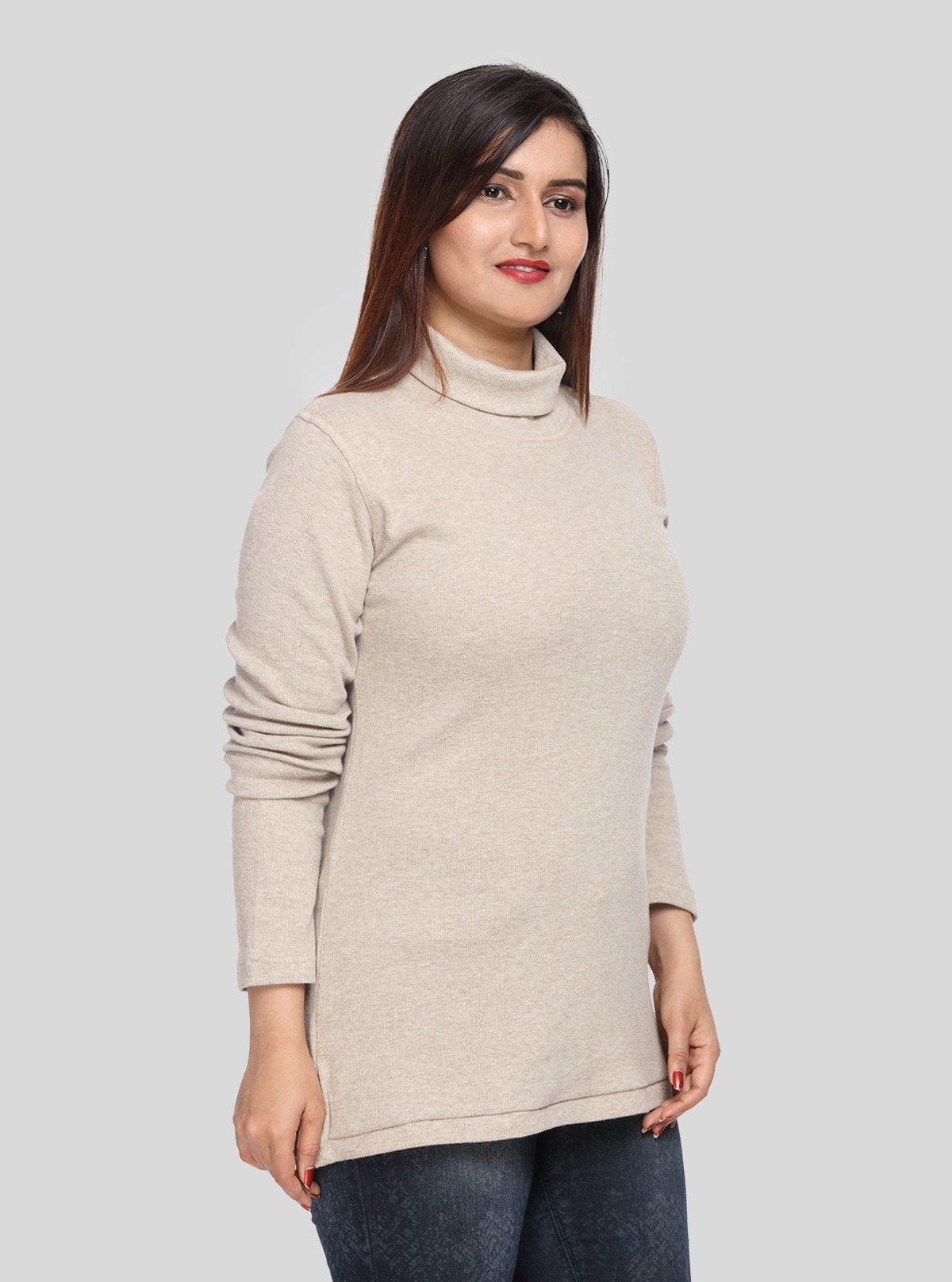 Women’s Solid Ecru Ribbed Turtle Neck Pullover with Long Sleeves - Boer and Fitch