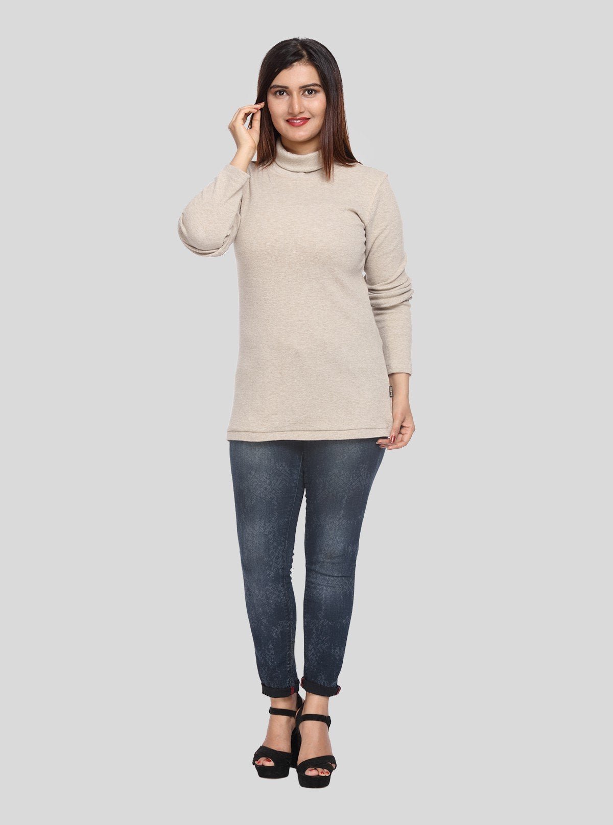 Women’s Solid Ecru Ribbed Turtle Neck Pullover with Long Sleeves - Boer and Fitch