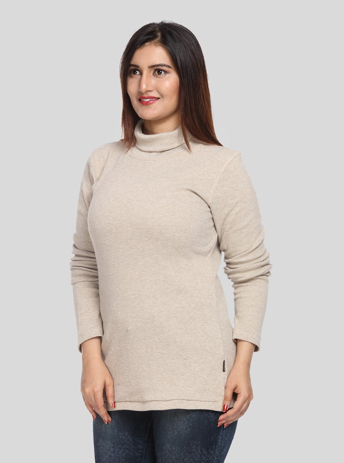 Women’s Solid Ecru Ribbed Turtle Neck Pullover with Long Sleeves - Boer and Fitch