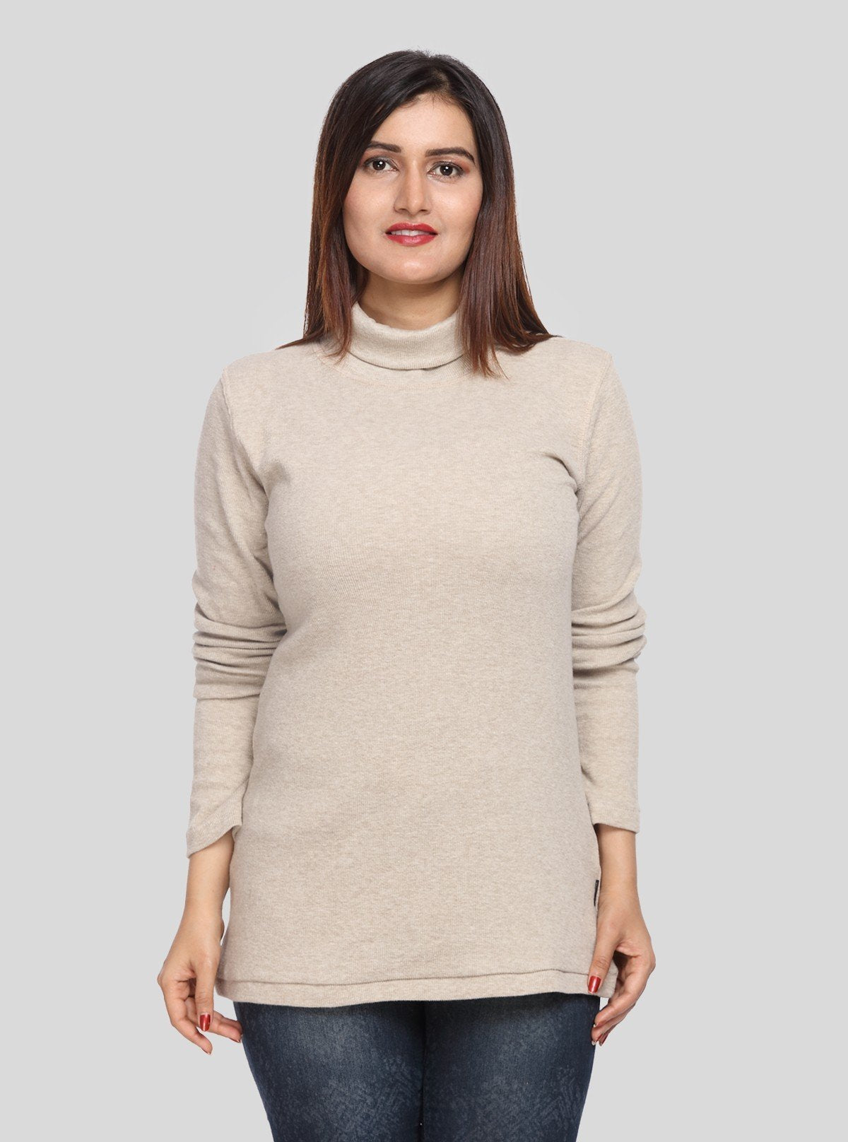 Women’s Solid Ecru Ribbed Turtle Neck Pullover with Long Sleeves - Boer and Fitch