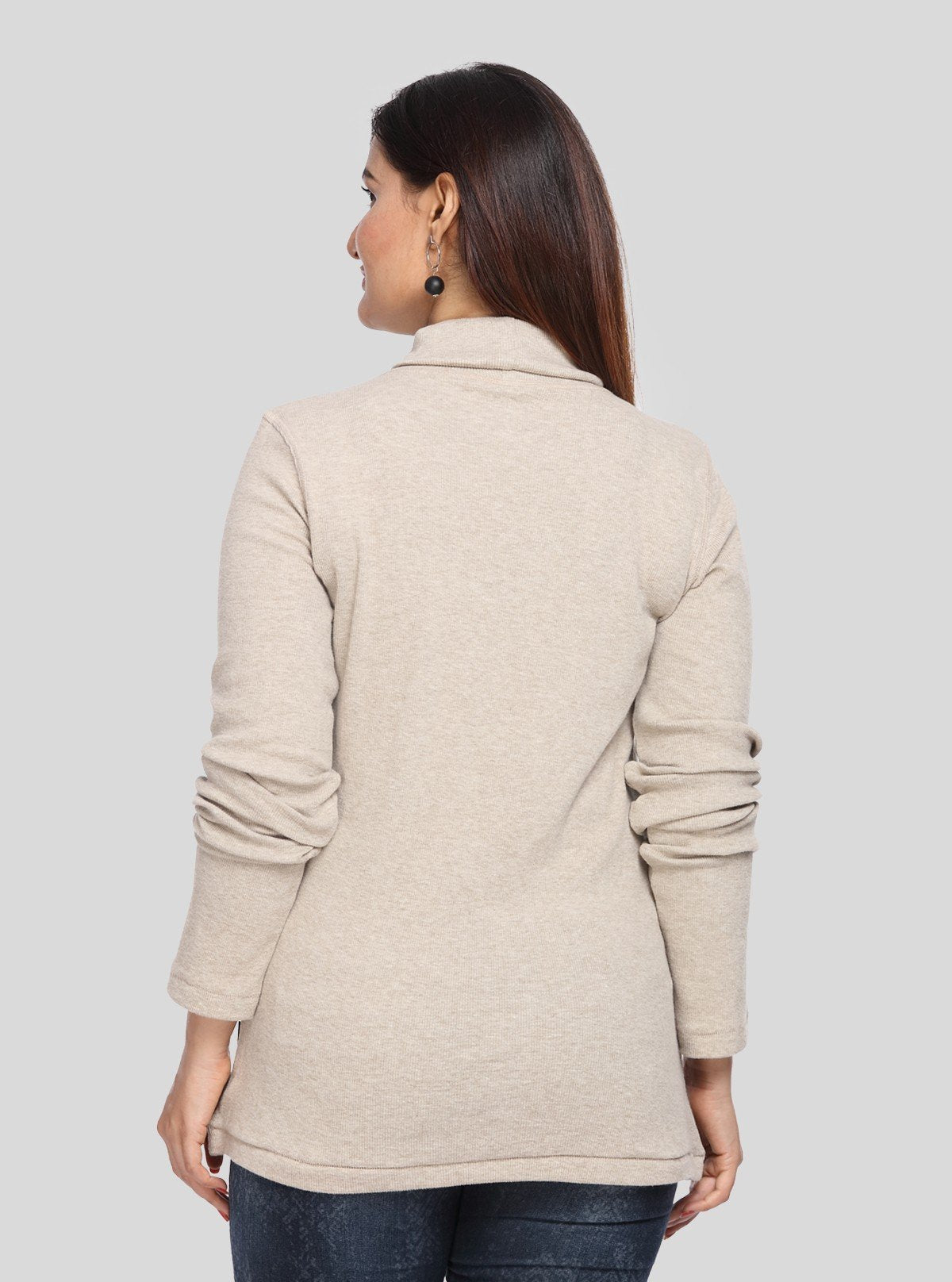 Women’s Solid Ecru Ribbed Turtle Neck Pullover with Long Sleeves - Boer and Fitch